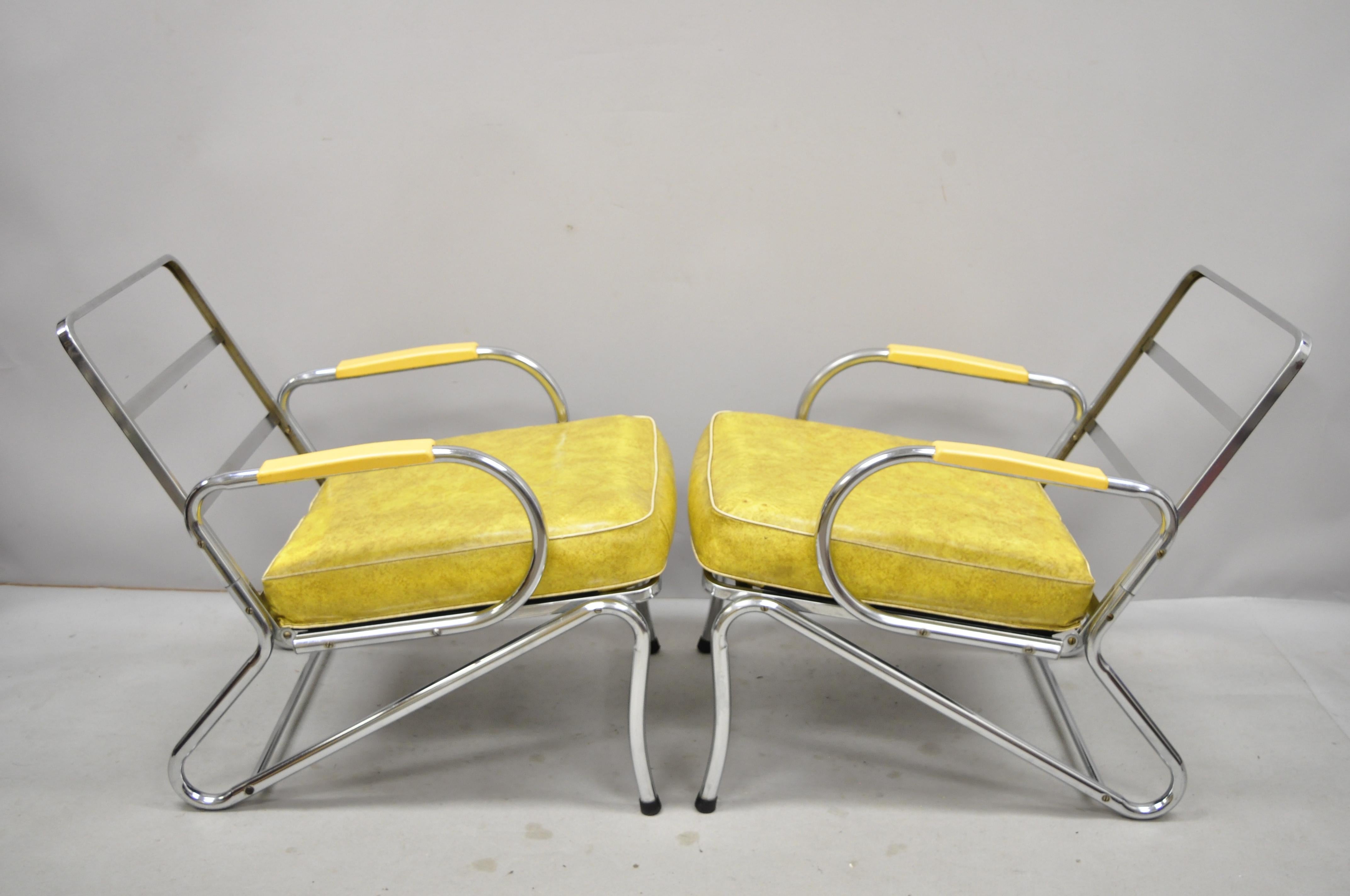 Pair Art Deco Tubular Chrome Yellow Vinyl Club Lounge Armchairs Attr. Lloyd Mfg For Sale 3