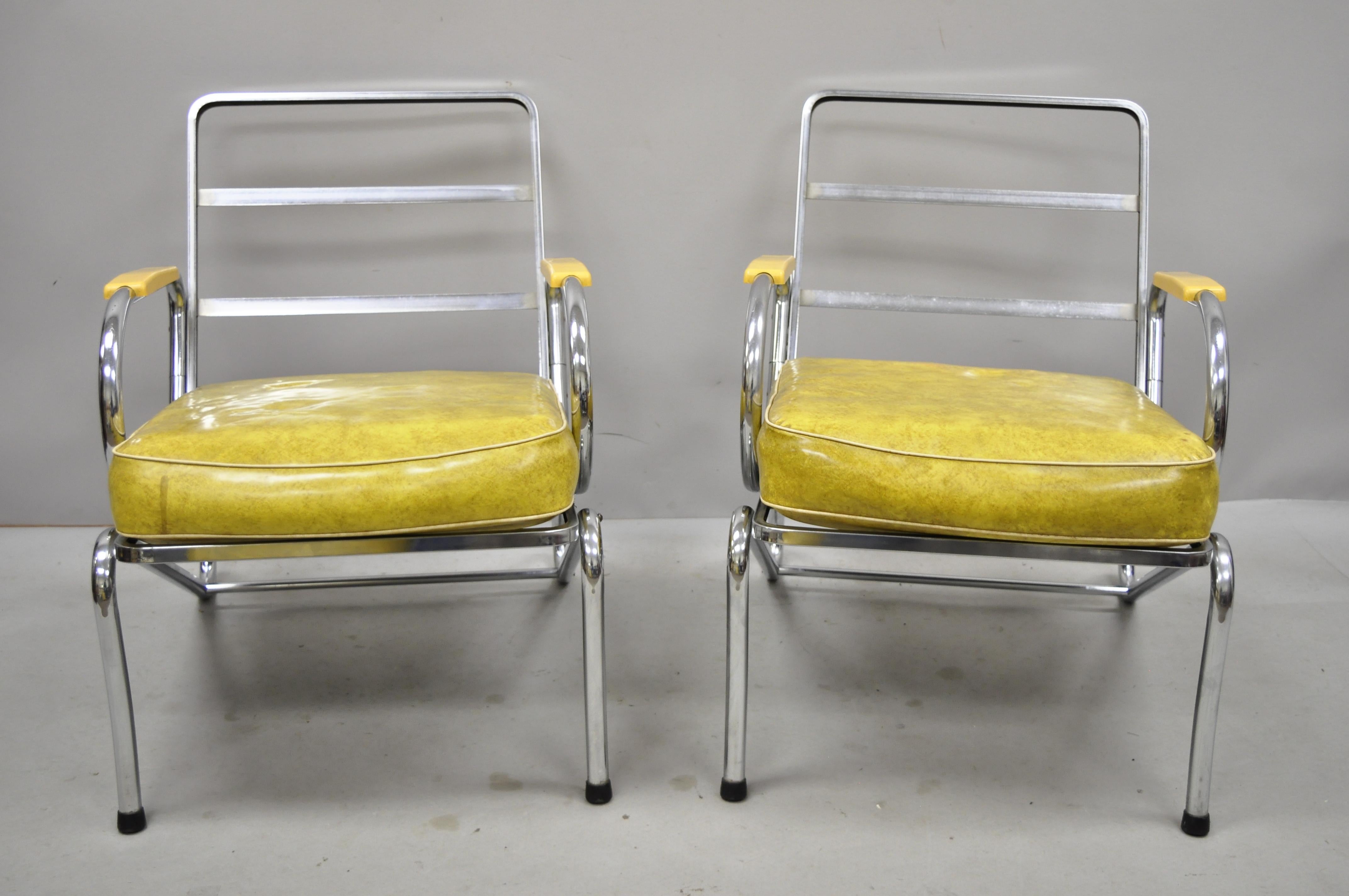 Pair Art Deco Tubular Chrome Yellow Vinyl Club Lounge Armchairs Attr. Lloyd Mfg For Sale 5