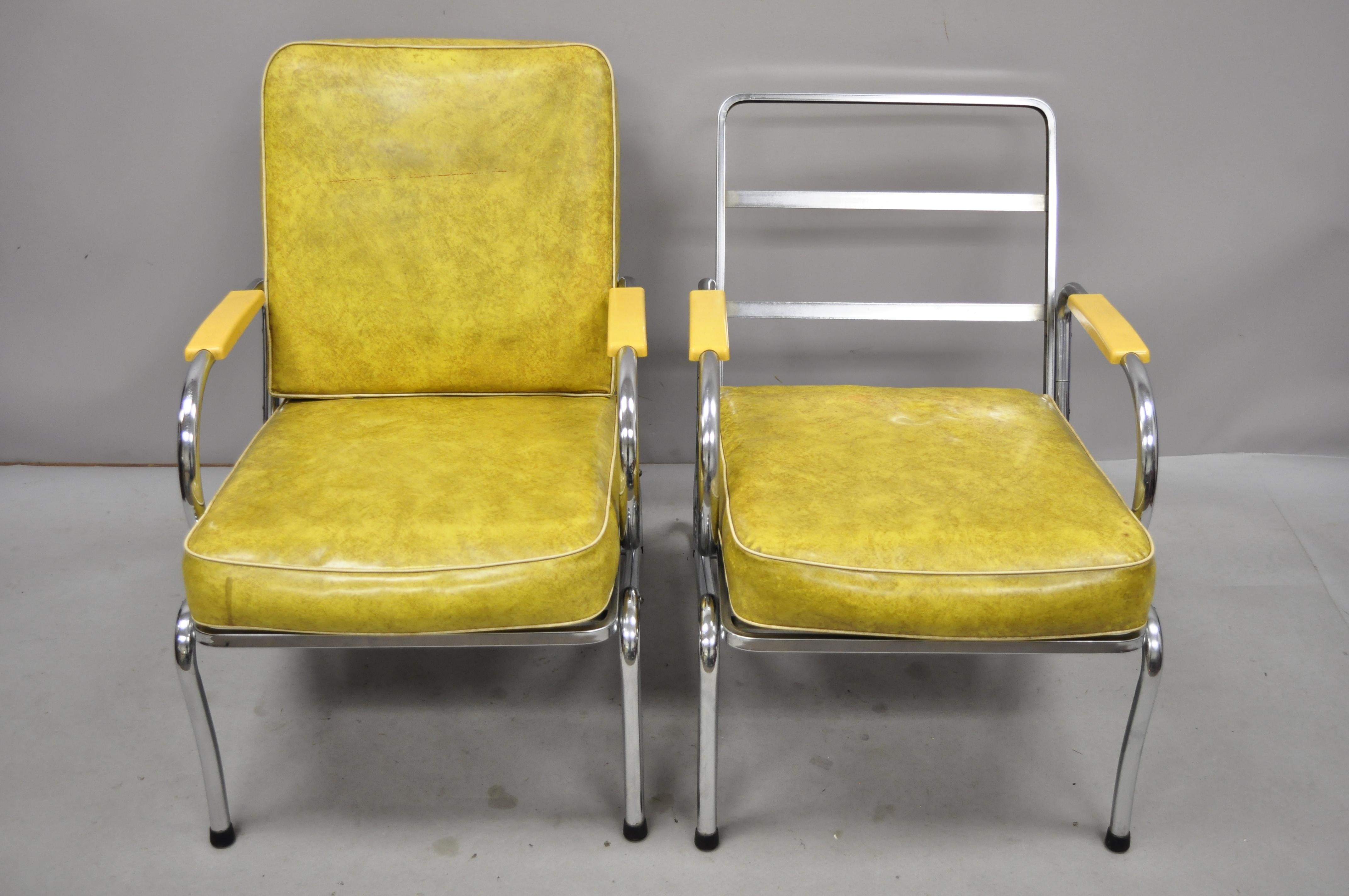 North American Pair Art Deco Tubular Chrome Yellow Vinyl Club Lounge Armchairs Attr. Lloyd Mfg For Sale