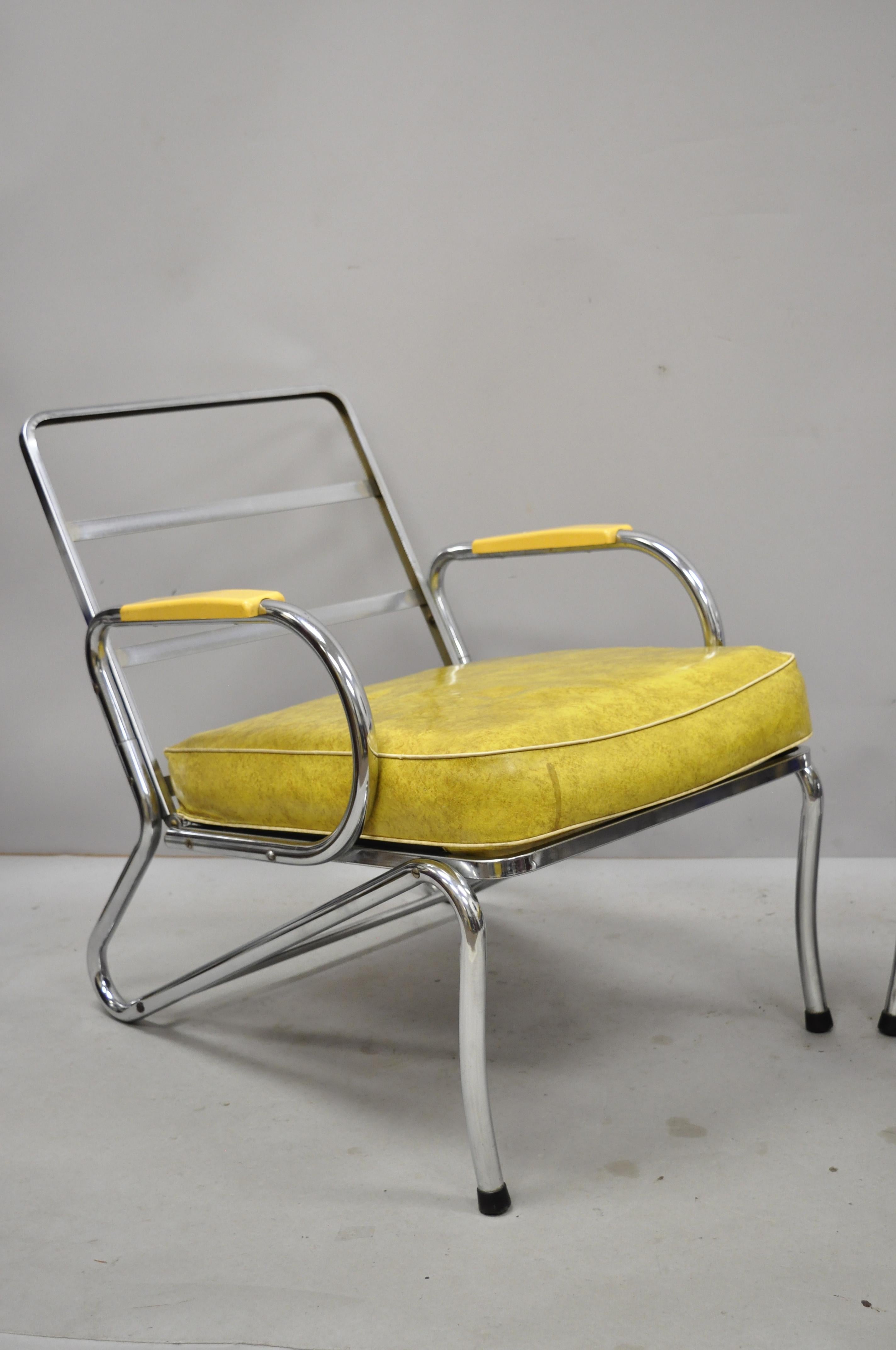 20th Century Pair Art Deco Tubular Chrome Yellow Vinyl Club Lounge Armchairs Attr. Lloyd Mfg For Sale