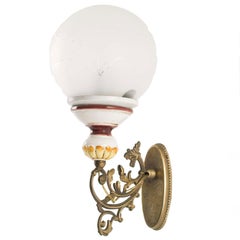 Pair Art Decò Venetian Sconces, Wall Lamps, Engraved Opaline Murano Glass Sfere