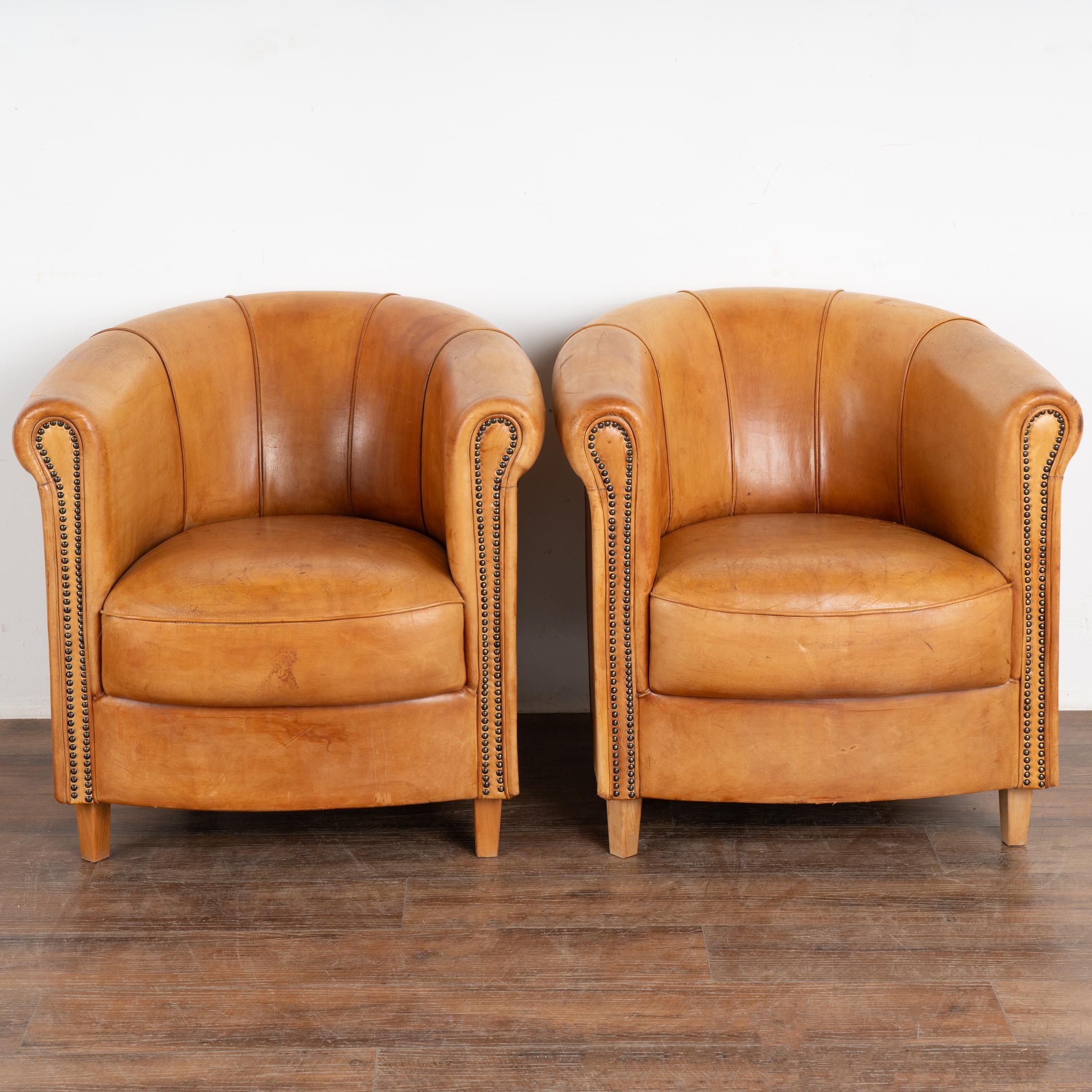 Dutch Pair Art Deco Vintage Leather Club Chairs by Joris of The Netherlands circa 1970