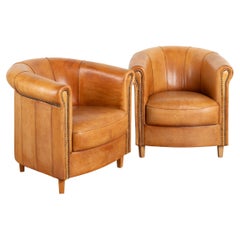 Pair Art Deco Vintage Leather Club Chairs by Joris of The Netherlands circa 1970