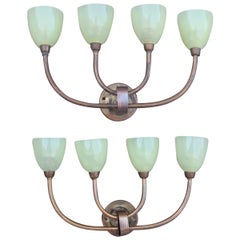 Pair of Art Deco Wall Sconces Brass Glass Murano Green 1930s Tommaso Buzzi Style