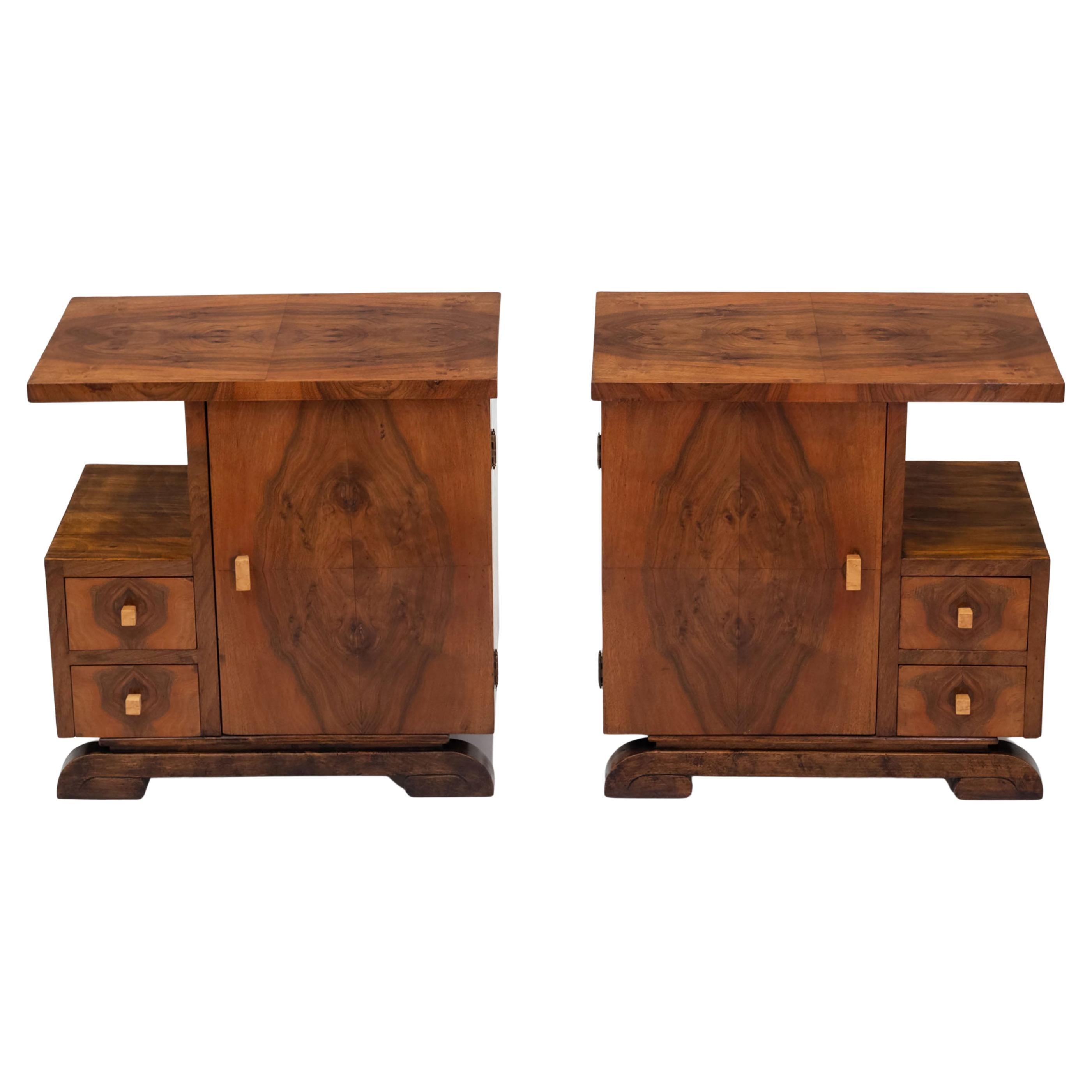 Pair Art Deco Walnut Bedside Cabinets Nightstands Circa 1930