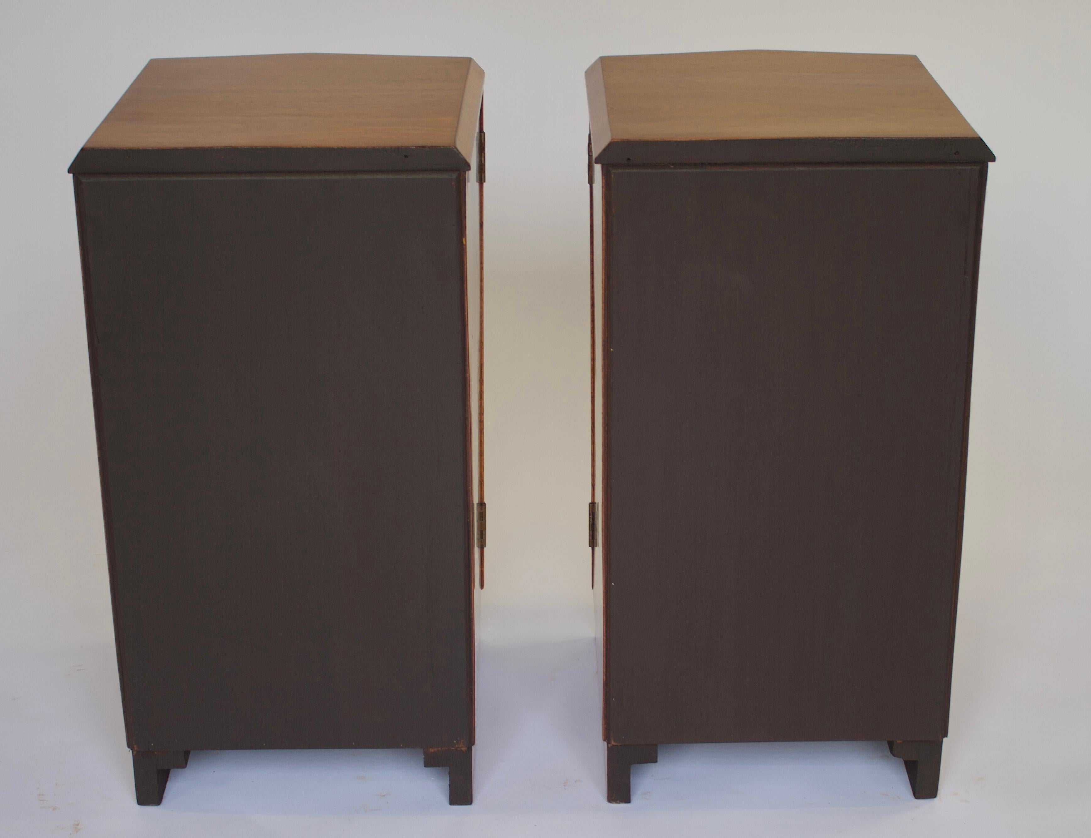 Pair Art Deco Walnut & Burr Walnut Bedside Cupboards
Circa  1930s
Plain walnut tops with chamfered edges,
V Shaped fronts with burr walnut veneer on doors, 
metal ball catch,  
shaped walnut handles, open to reveal:
Interior with single drawer at
