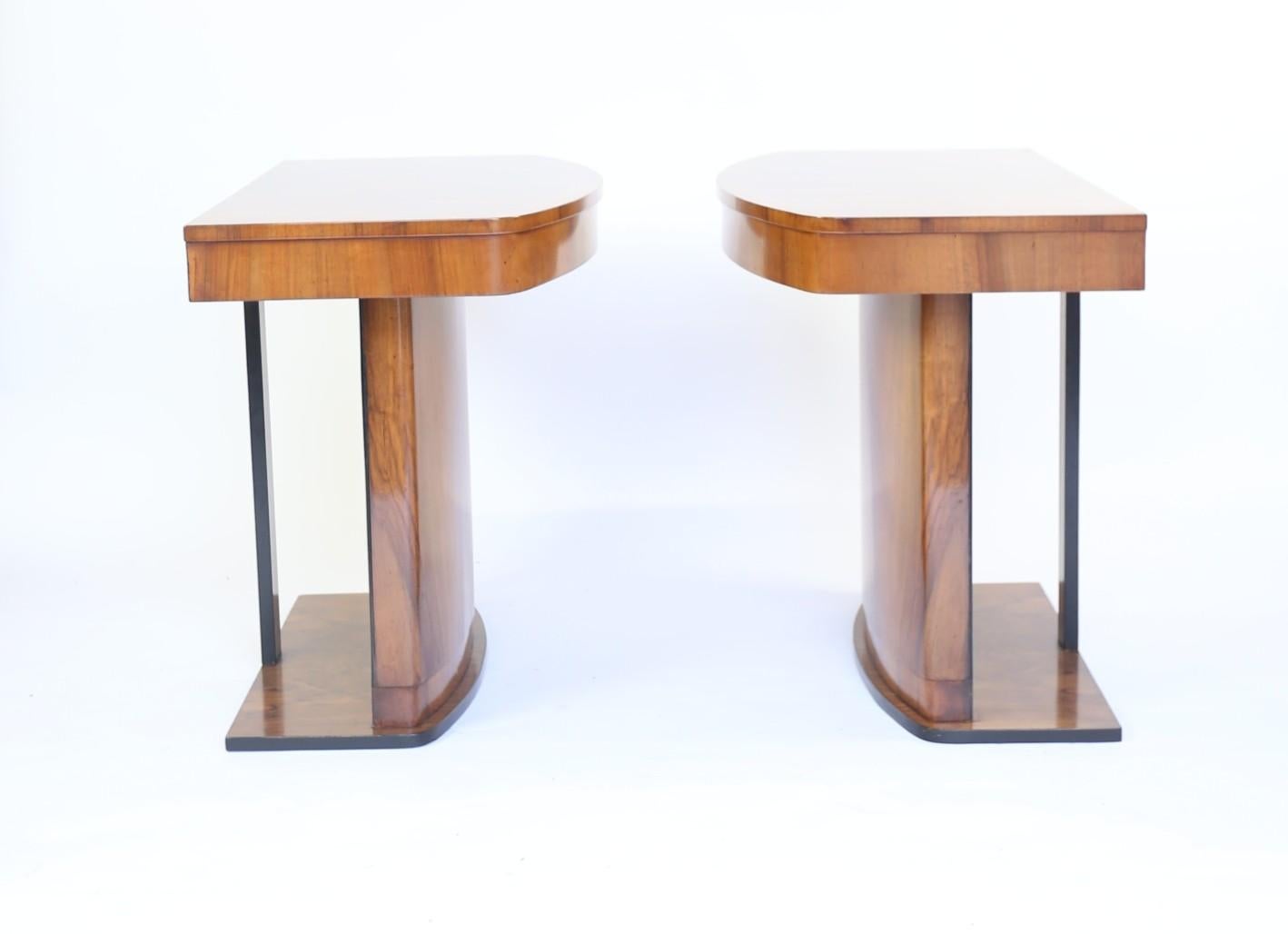 Pair Art Deco Walnut & Ebonised Console Tables Circa 1930s
D Shaped tops, with Matching Figured Walnut Tops, 
Walnut Veneer Around Frieze
Bow front Shape Walnut Slab Fronts, 
Ebonised Backs & Ebonised support at back, 
D Shape Platform Base With