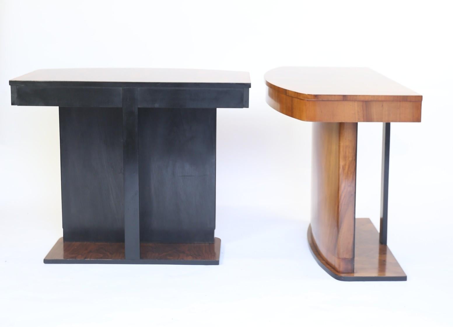 British Pair Art Deco Walnut & Ebonised Console Tables Circa 1930s For Sale