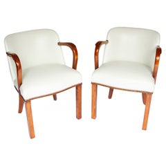 Pair Art Deco Walnut & Leather open elbow chairs