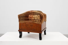 Pair Art Deco walnut stools with original velvet upholstery, Italy 1920s