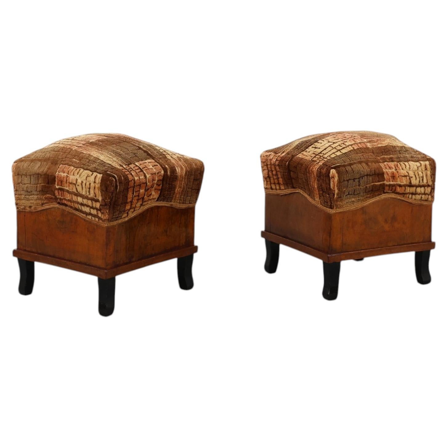 Pair Art Deco walnut stools with original velvet upholstery, Italy 1920s For Sale