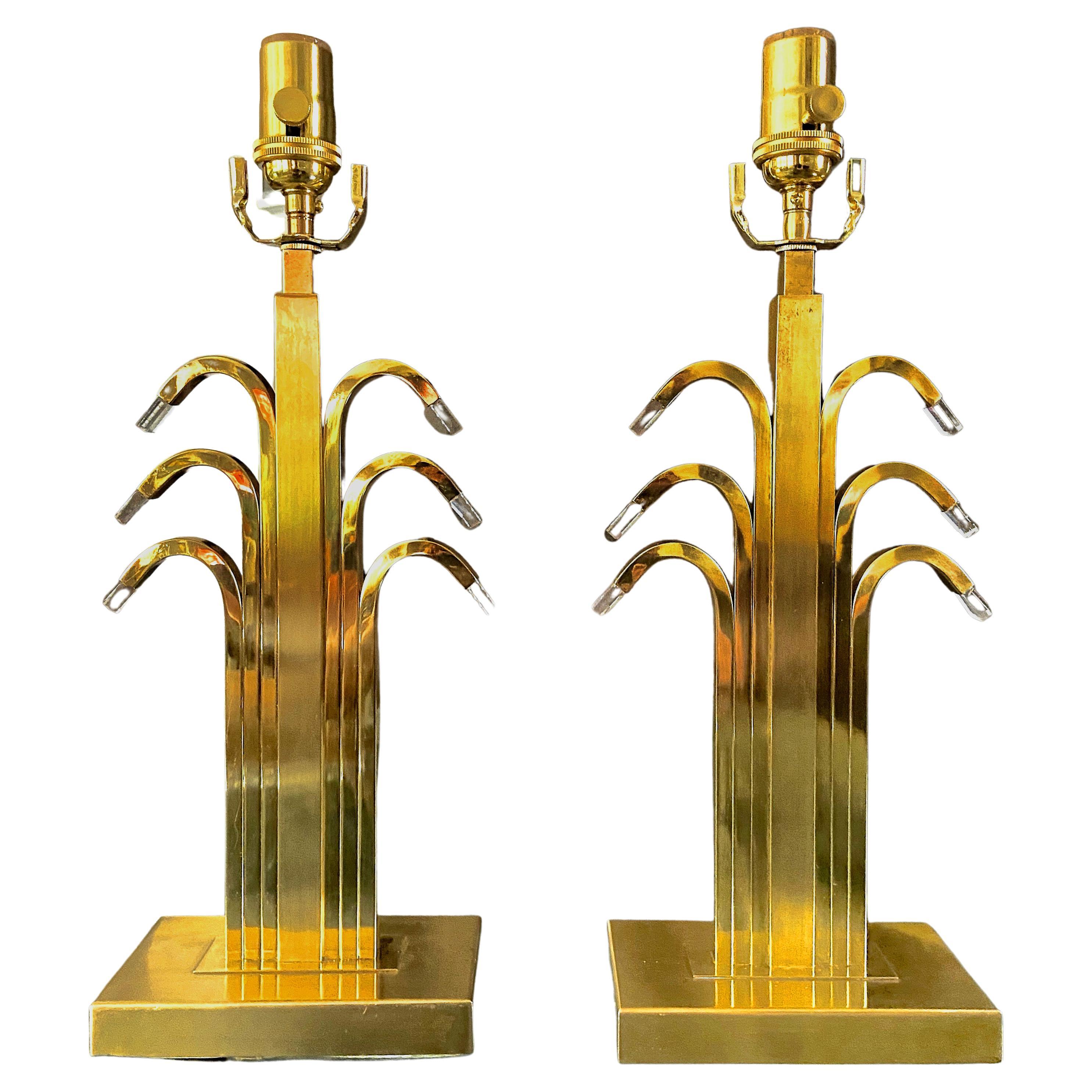 Pair Art Deco Waterfall Brass Table Lamps For Sale