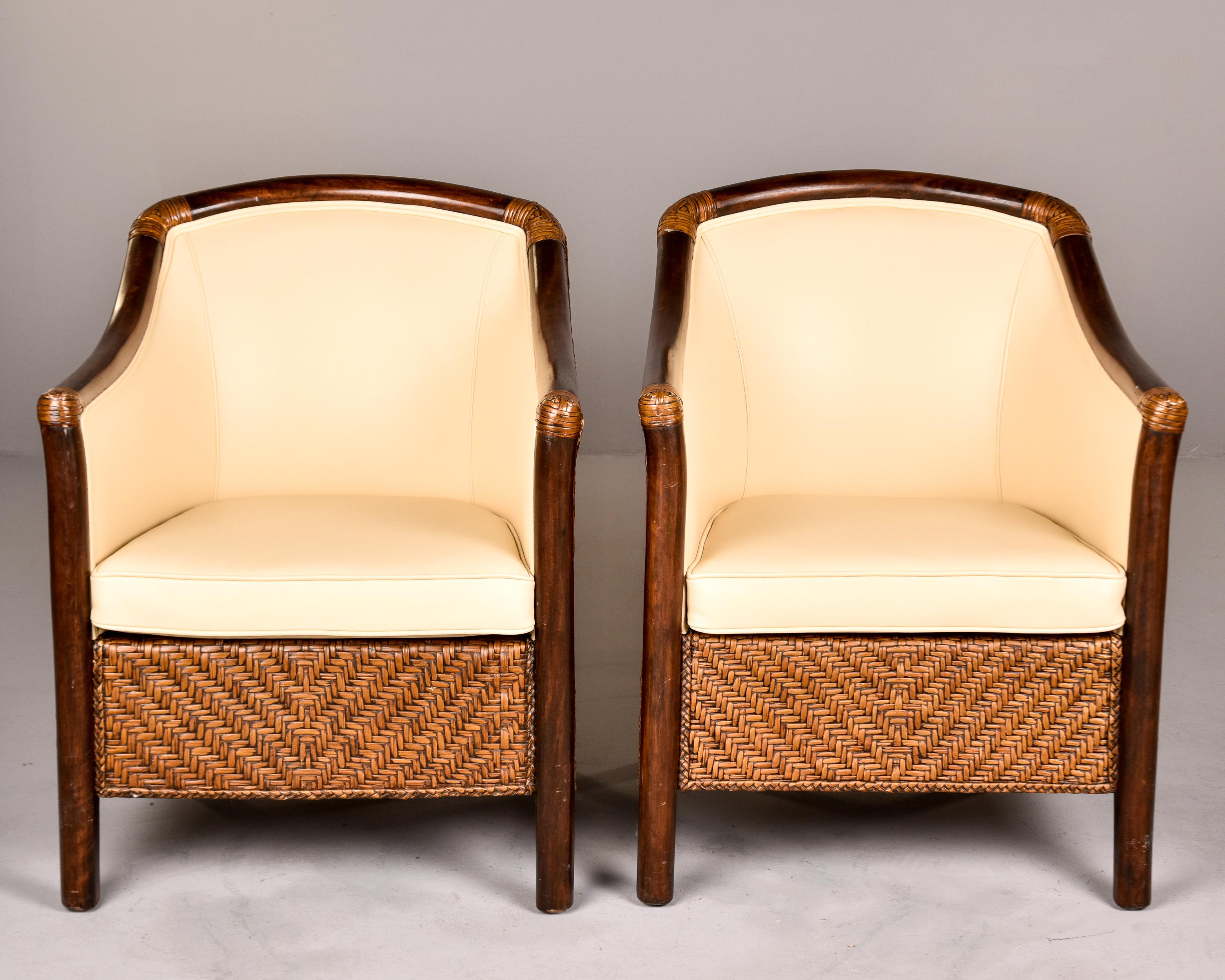 Italian Pair Art Deco Wicker Club Chairs with New Leather Upholstery For Sale