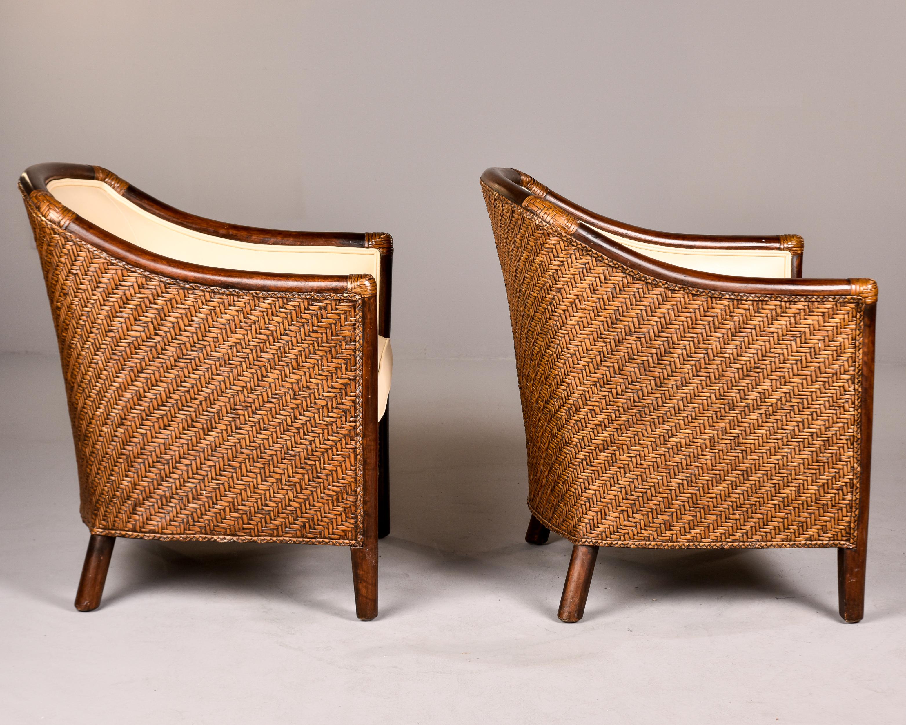 Pair Art Deco Wicker Club Chairs with New Leather Upholstery For Sale 4