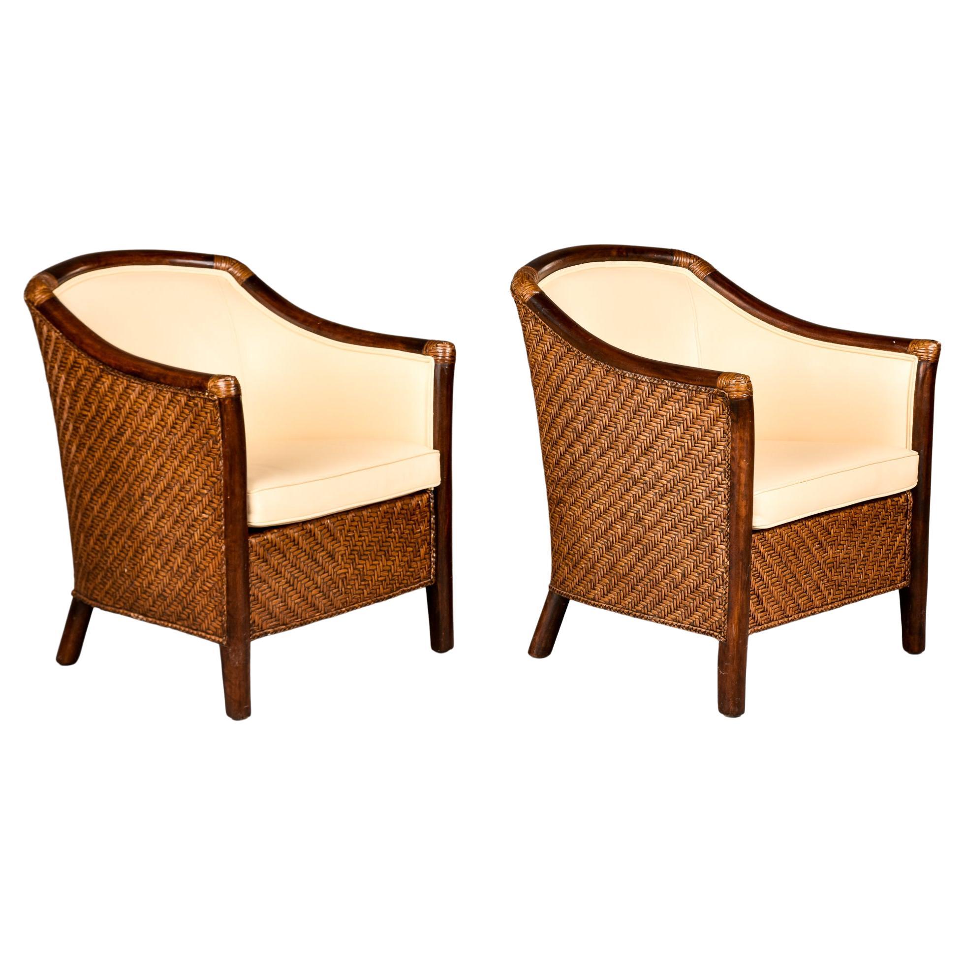 Pair Art Deco Wicker Club Chairs with New Leather Upholstery For Sale
