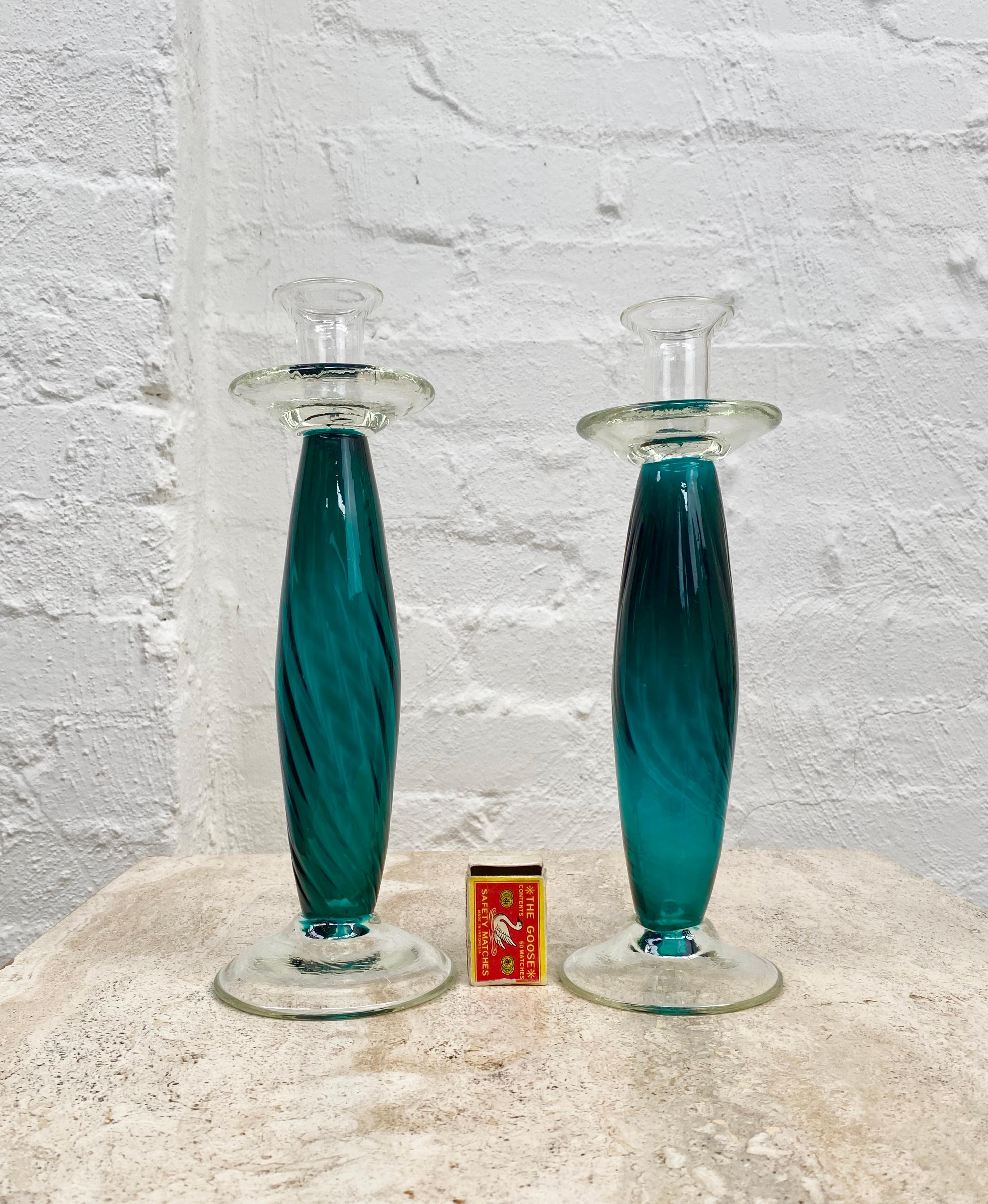 Pair Teal Green Art Glass Candlesticks 1980s  For Sale 4