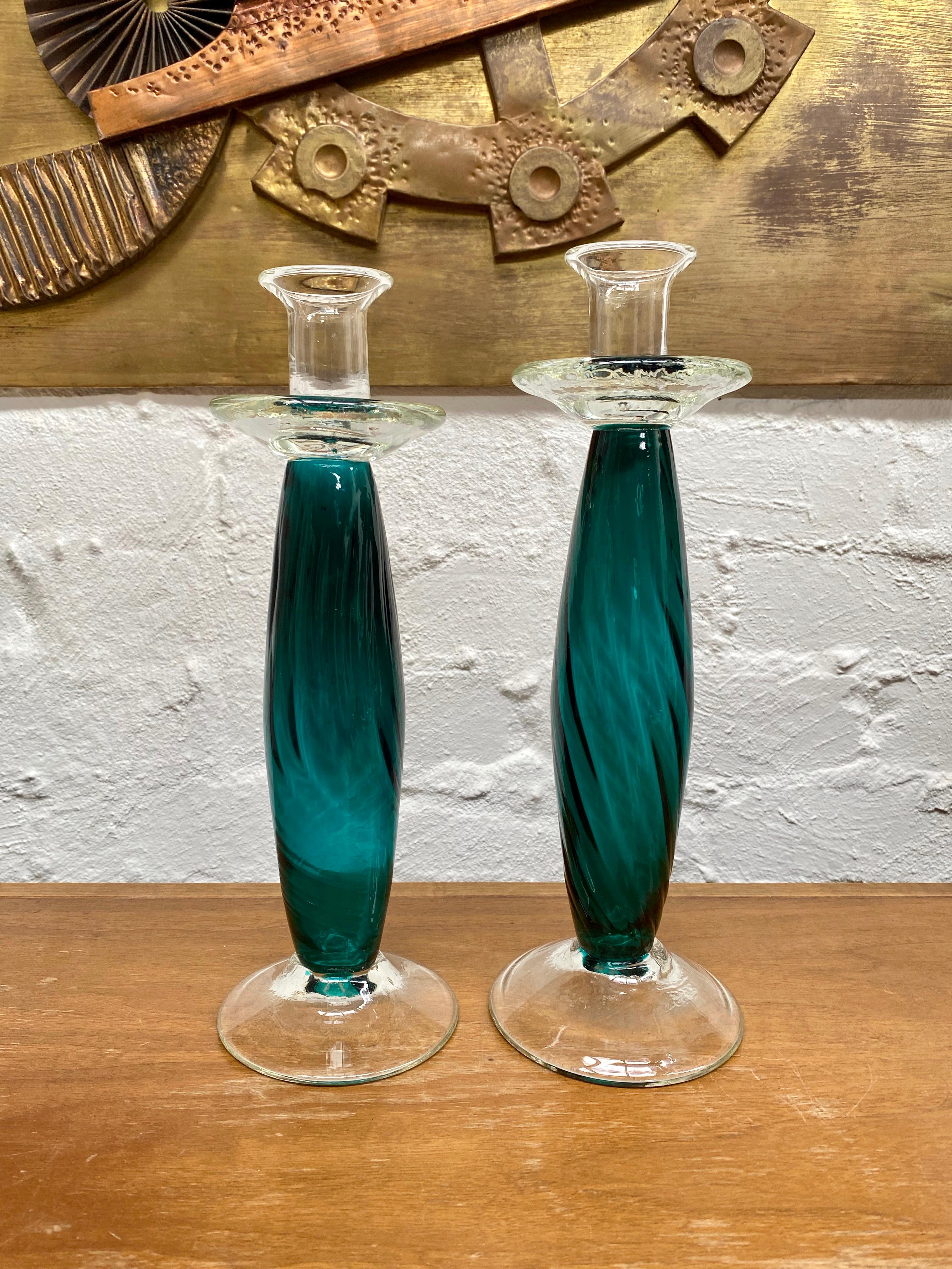Mid-Century Modern Pair Teal Green Art Glass Candlesticks 1980s  For Sale