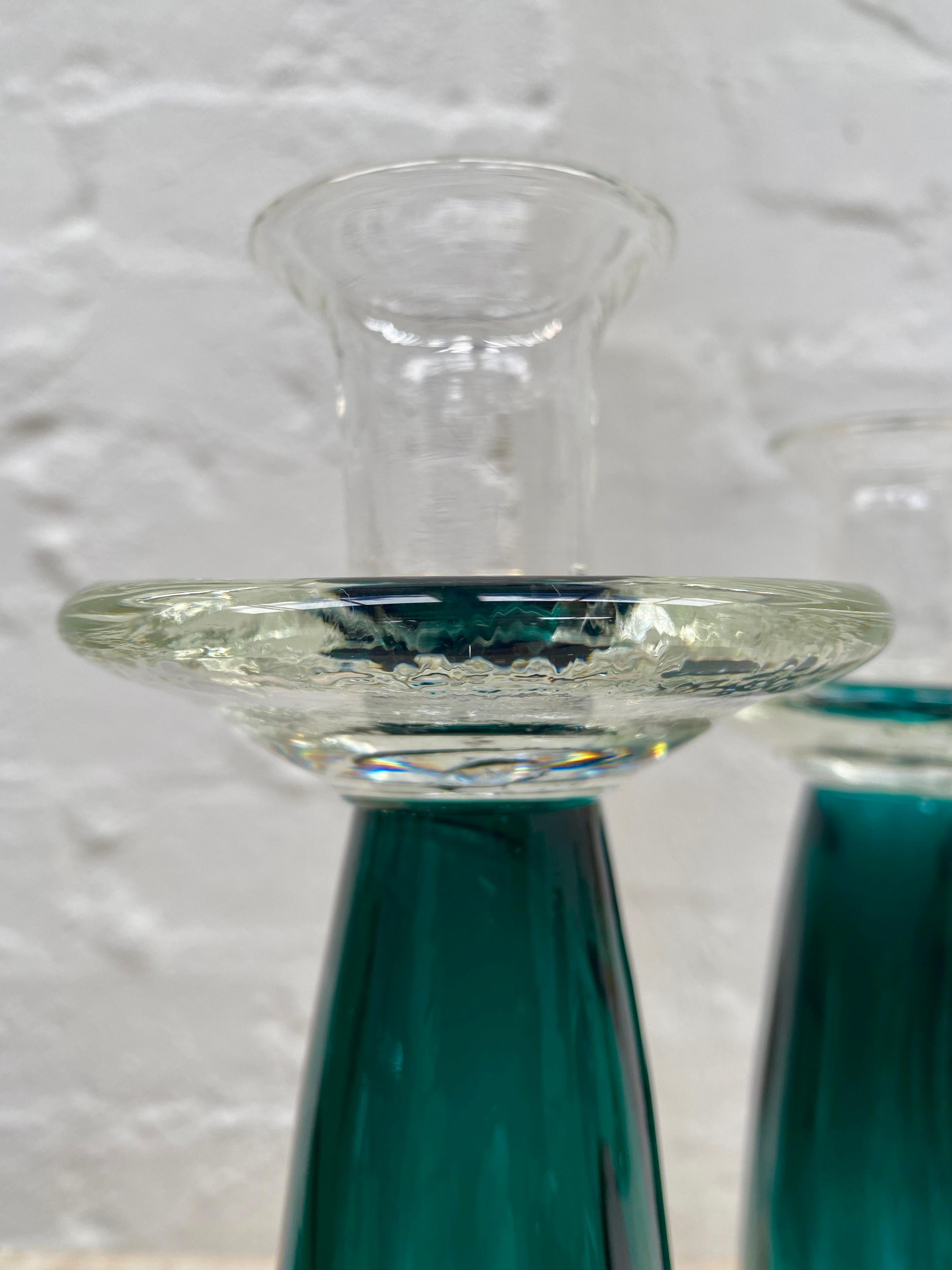 Pair Teal Green Art Glass Candlesticks 1980s  In Good Condition For Sale In Melbourne, AU
