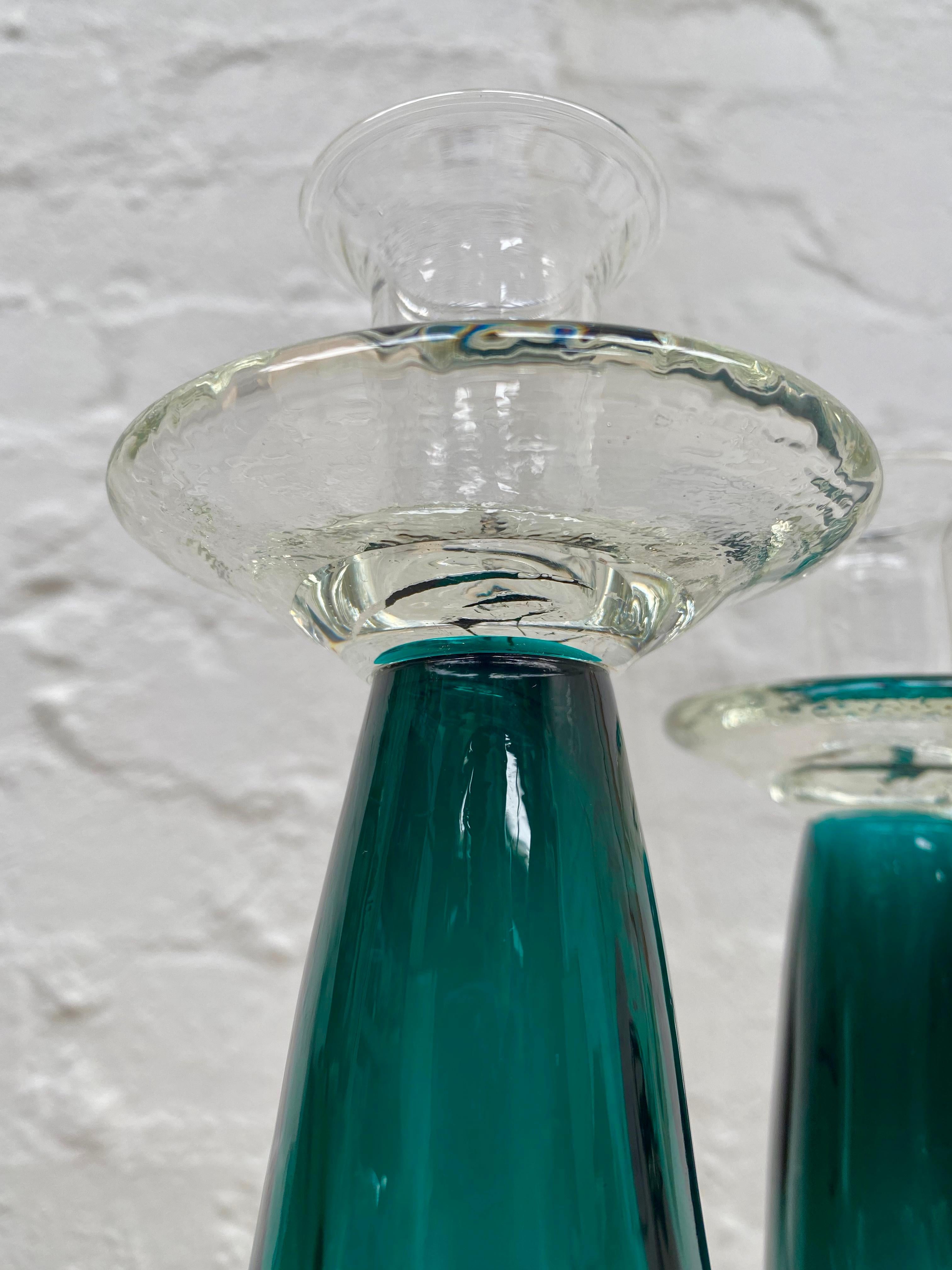 Pair Teal Green Art Glass Candlesticks 1980s  For Sale 1