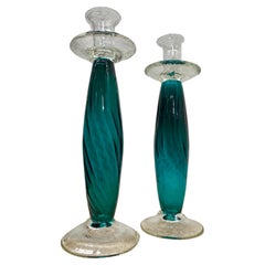 Pair Art Glass Candlesticks 1980s Teal Green Empoli