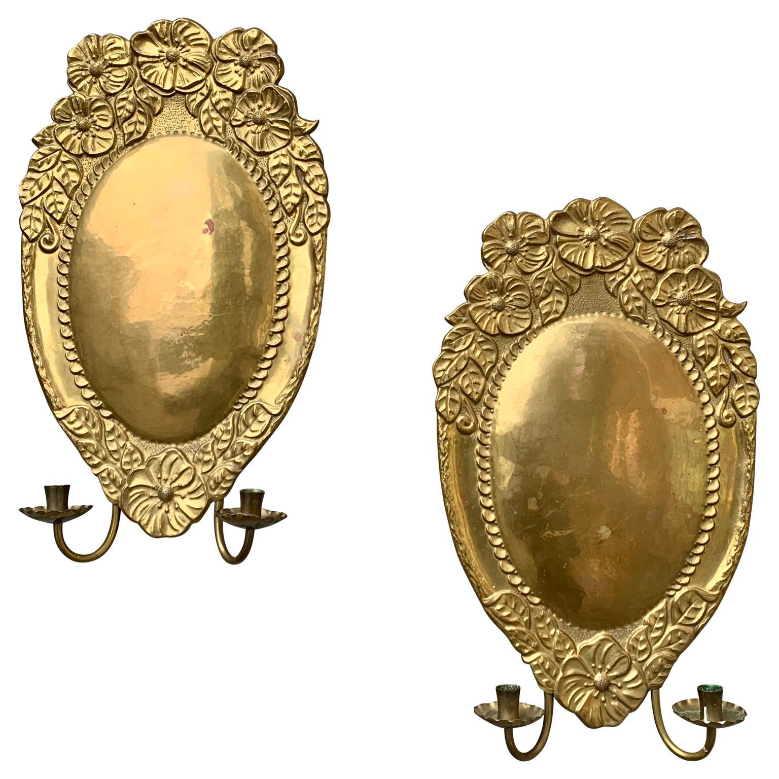 Pair Art Nouveau Brass Wall Sconces For Sale 1