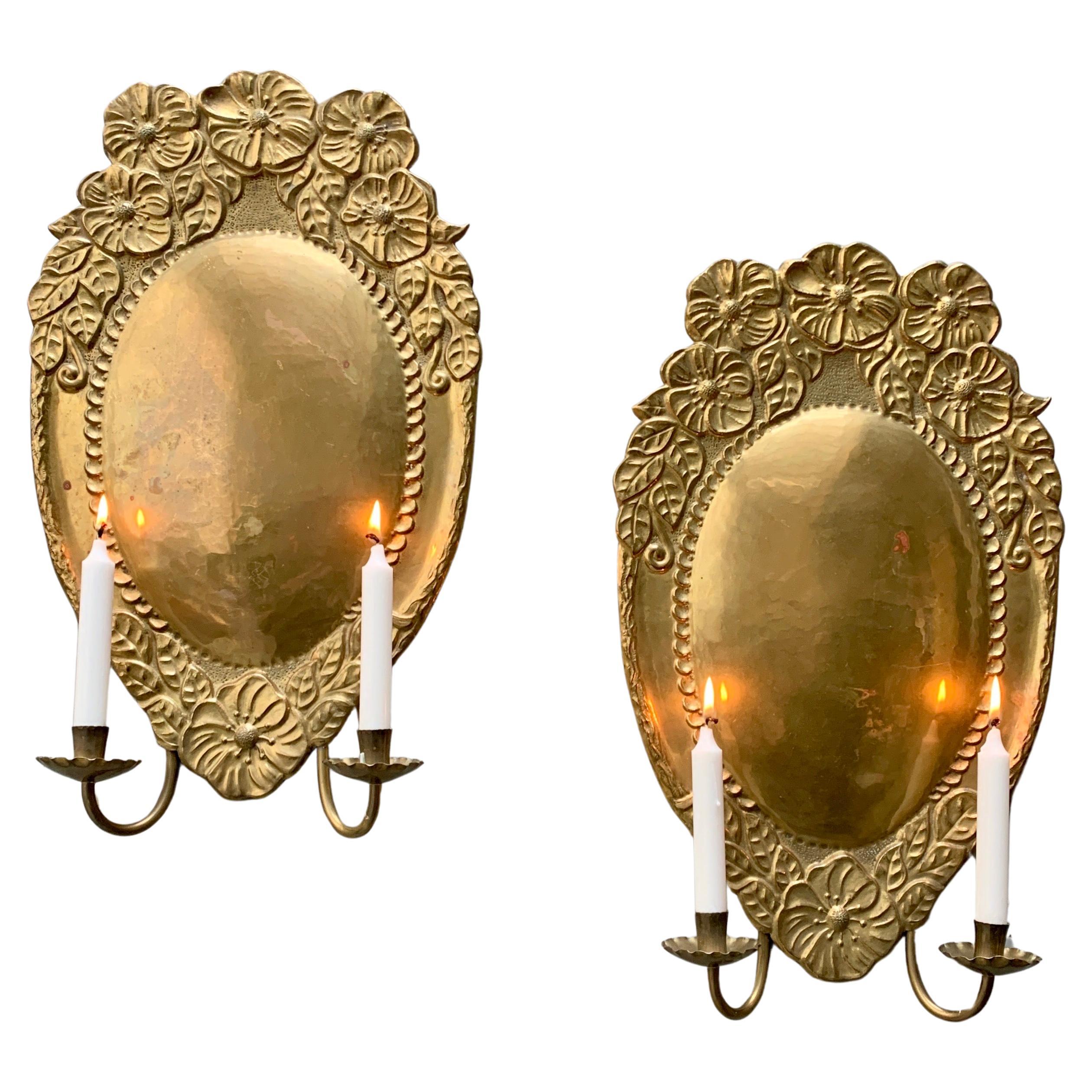 Pair Art Nouveau Brass Wall Sconces For Sale