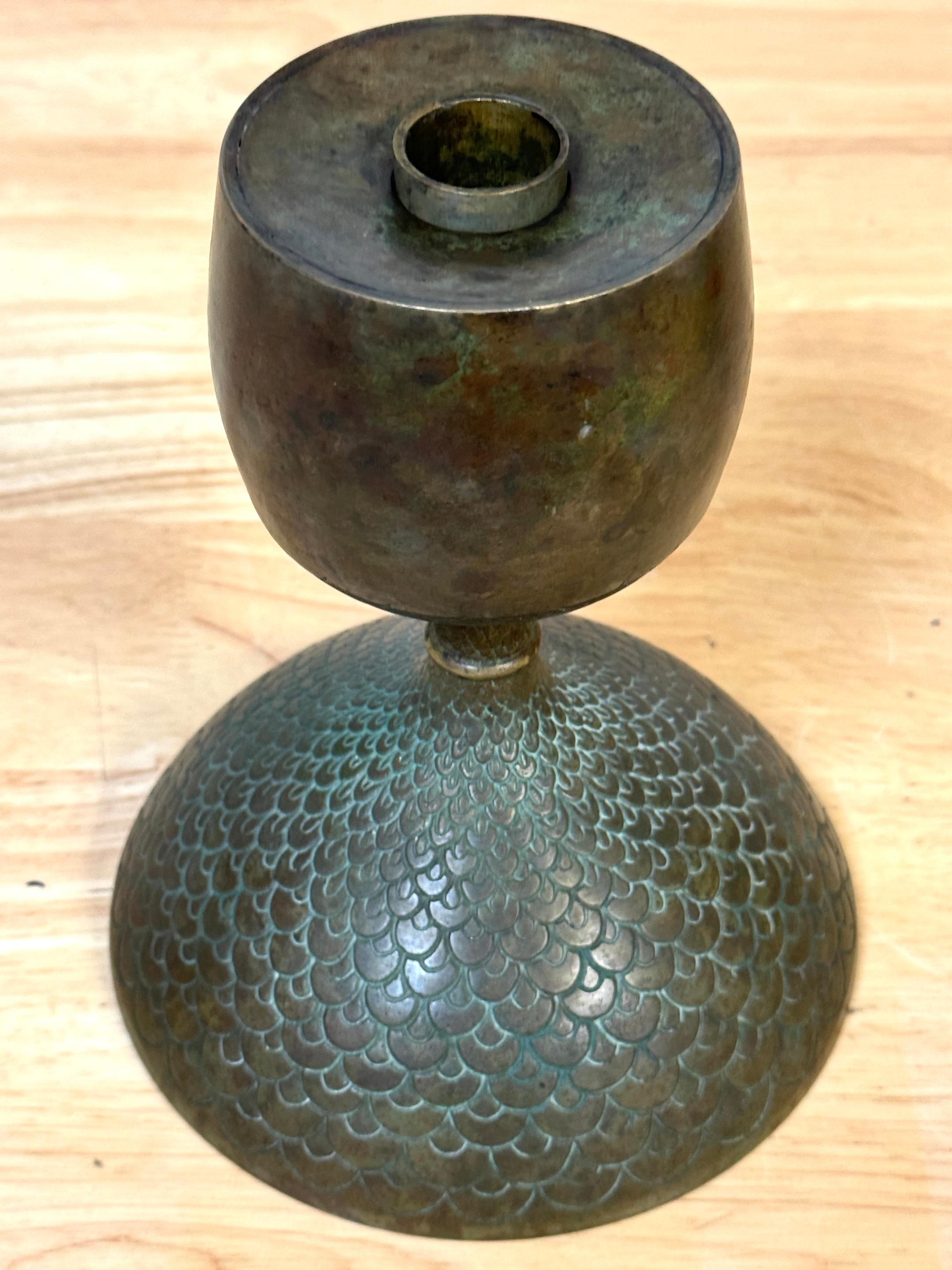 Pair Art Nouveau Bronze Fish Scale Candlesticks, Style of Tiffany Studios 4