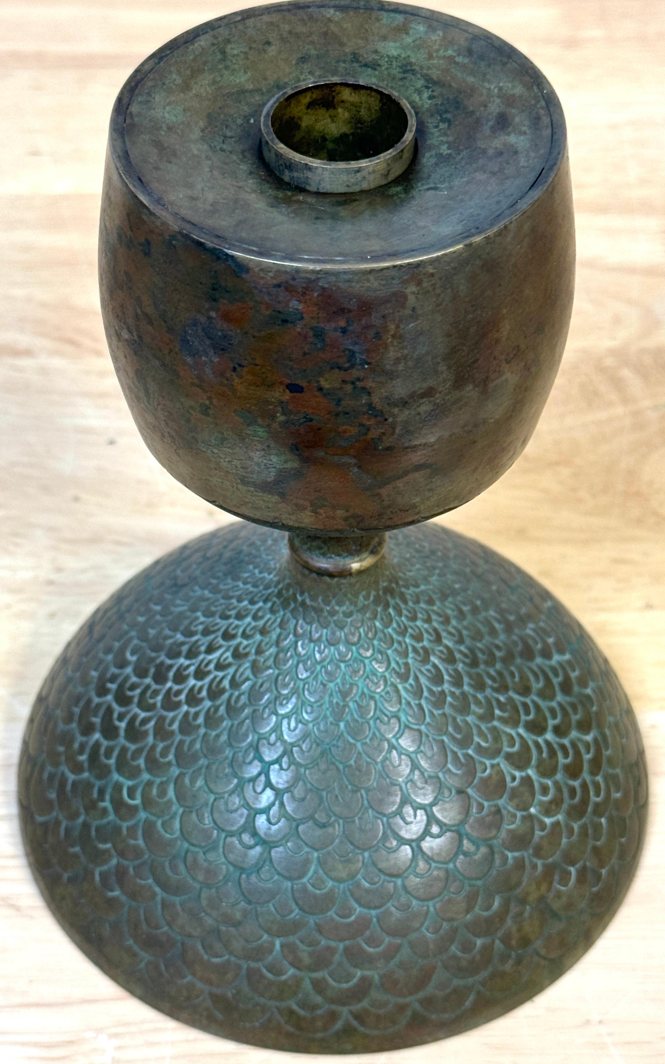 Pair Art Nouveau Bronze Fish Scale Candlesticks, Style of Tiffany Studios 6