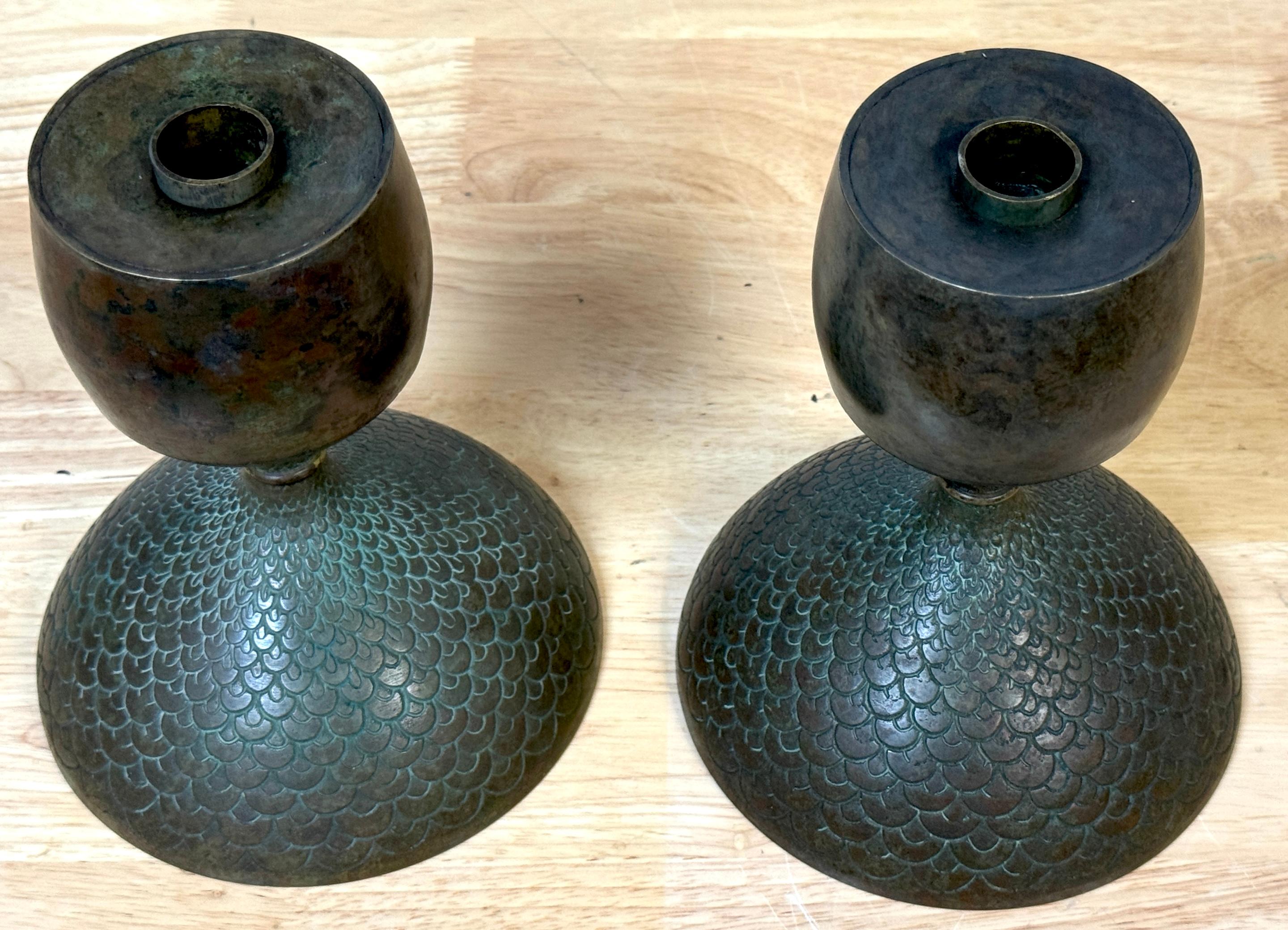 American Pair Art Nouveau Bronze Fish Scale Candlesticks, Style of Tiffany Studios