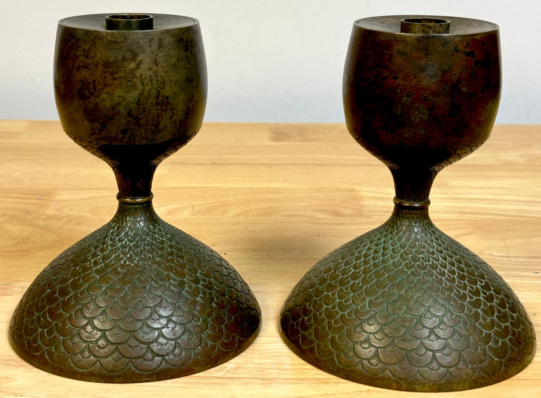 Cast Pair Art Nouveau Bronze Fish Scale Candlesticks, Style of Tiffany Studios