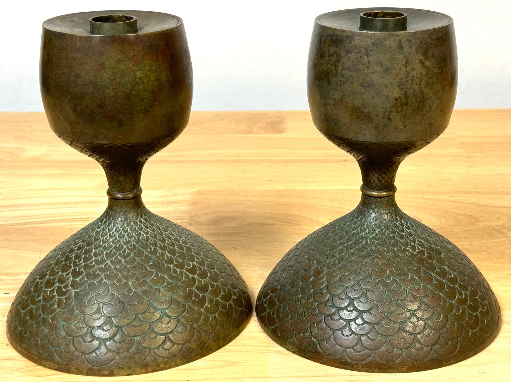 20th Century Pair Art Nouveau Bronze Fish Scale Candlesticks, Style of Tiffany Studios