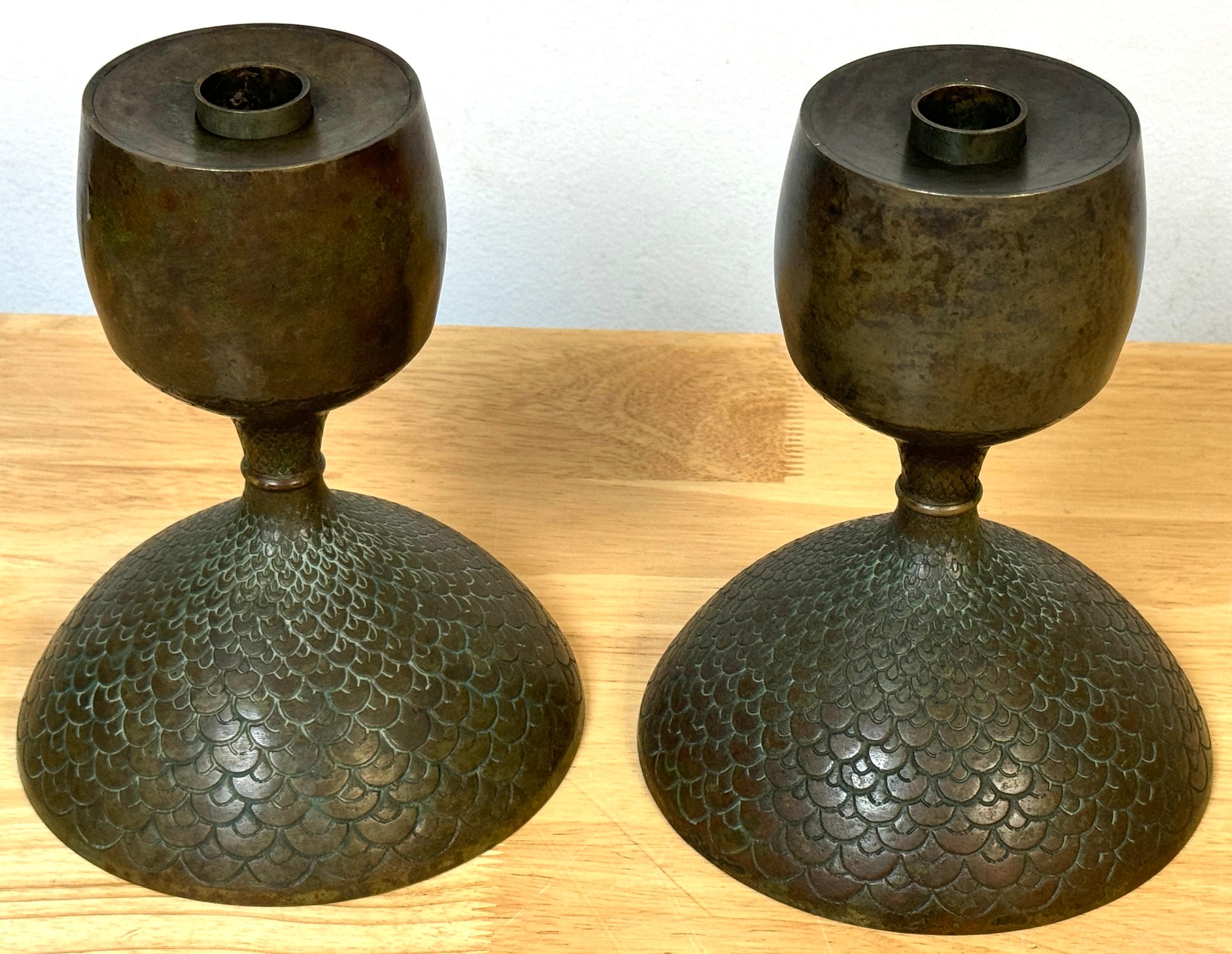 Pair Art Nouveau Bronze Fish Scale Candlesticks, Style of Tiffany Studios 1
