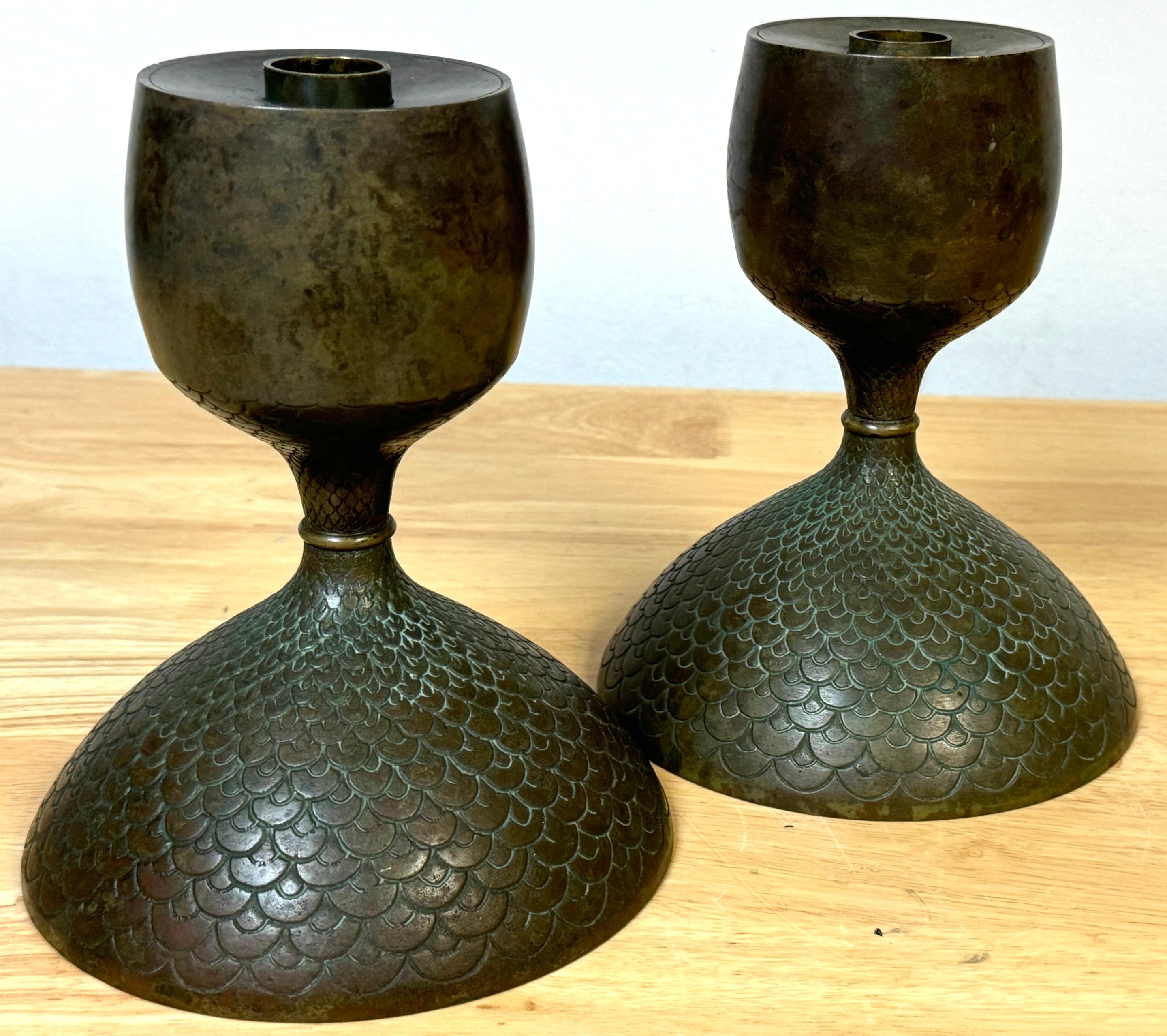 Pair Art Nouveau Bronze Fish Scale Candlesticks, Style of Tiffany Studios 2