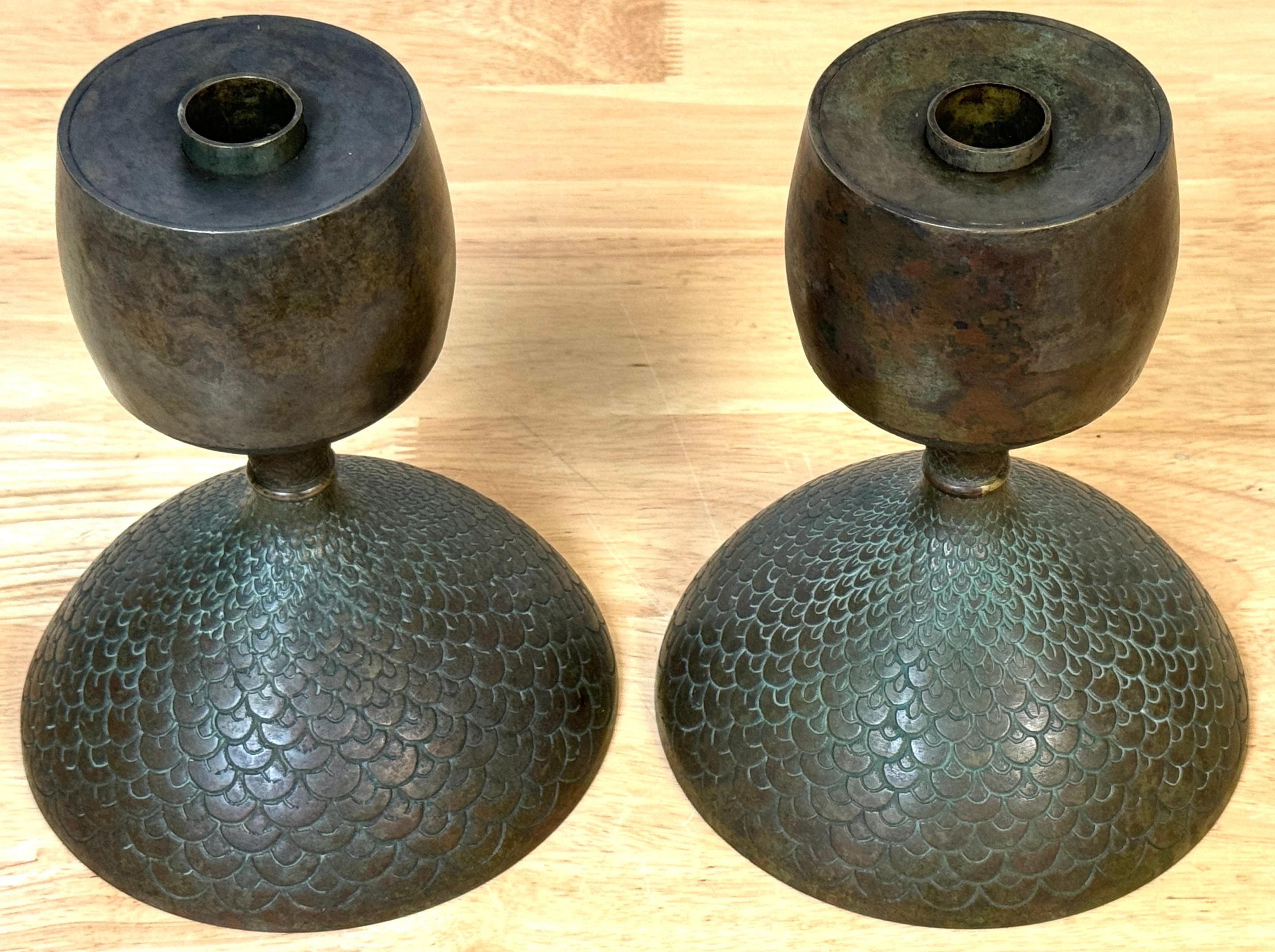 Pair Art Nouveau Bronze Fish Scale Candlesticks, Style of Tiffany Studios 3