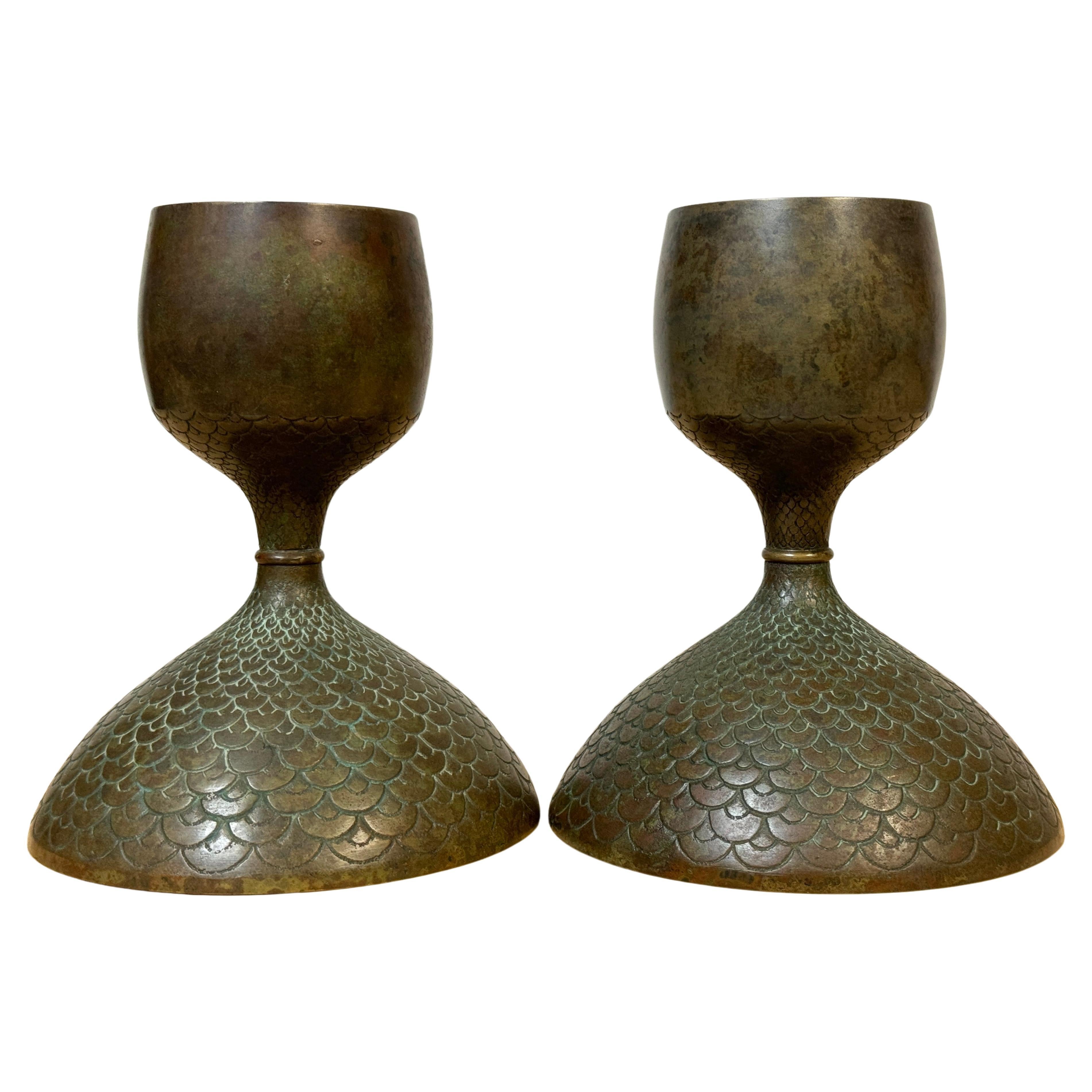 Pair Art Nouveau Bronze Fish Scale Candlesticks, Style of Tiffany Studios