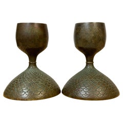 Pair Art Nouveau Bronze Fish Scale Candlesticks, Style of Tiffany Studios