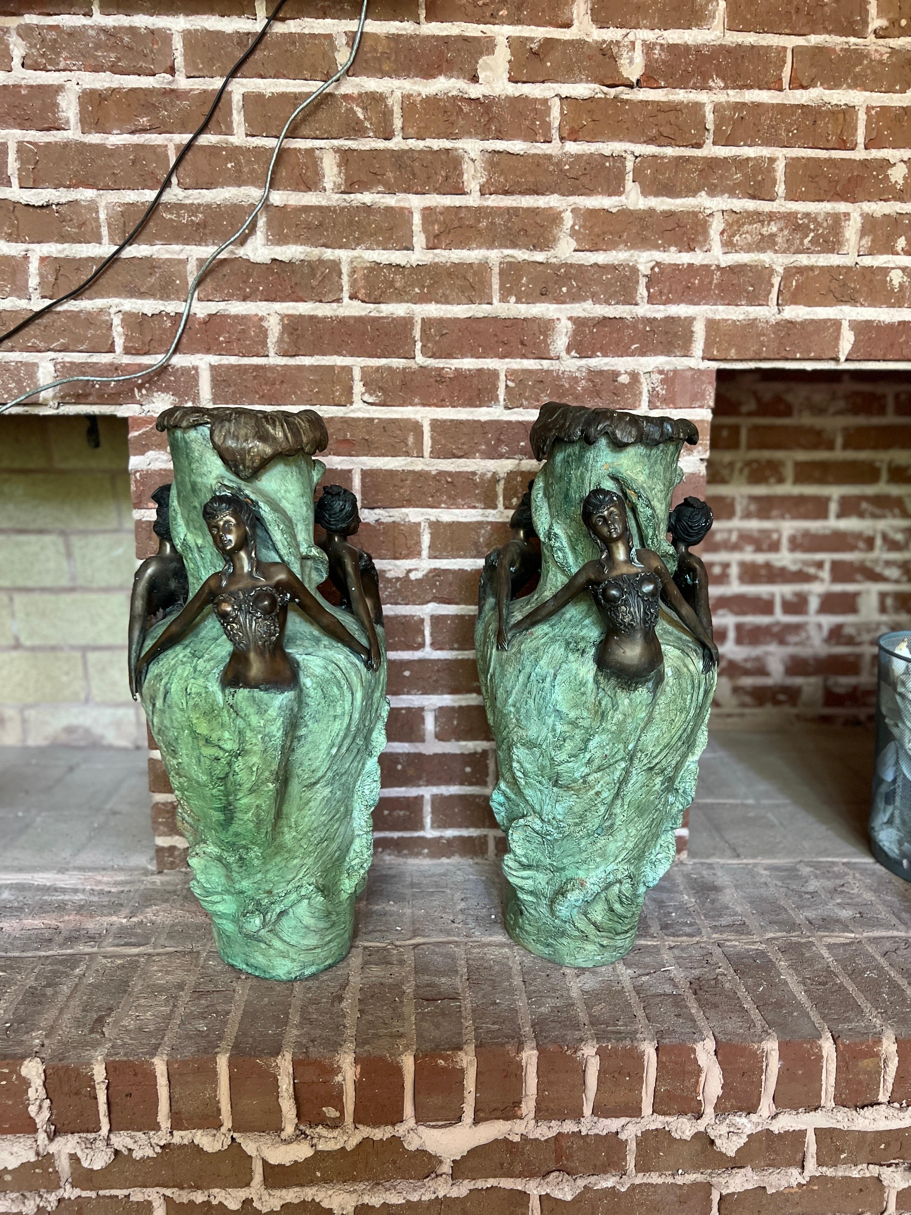 Pair, Art Nouveau Bronze Floor Vases After Louis Chalon (French, 1866-1940) In Good Condition In Atlanta, GA