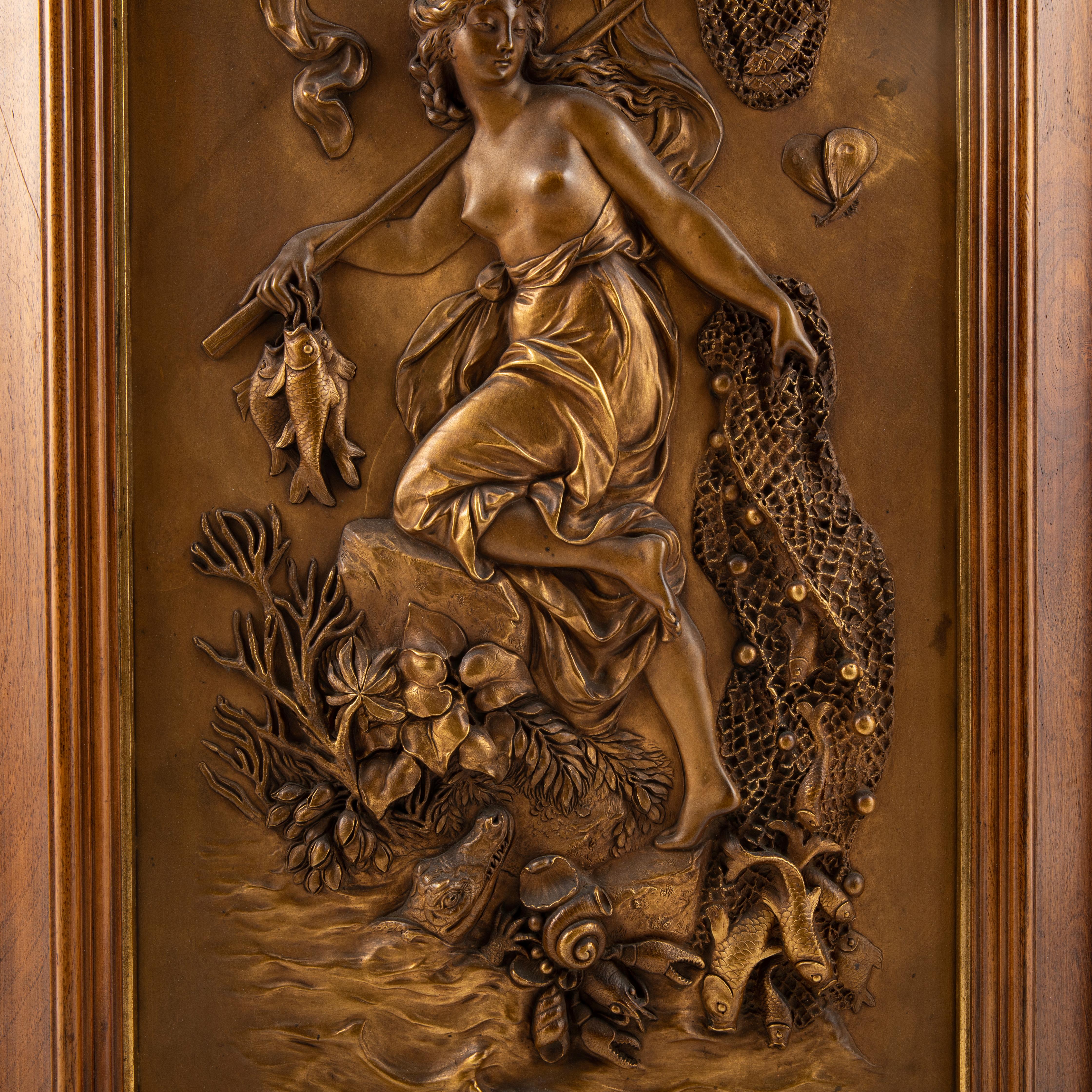 Hand-Crafted Pair Art Nouveau Bronze Relief Wall Plaques For Sale