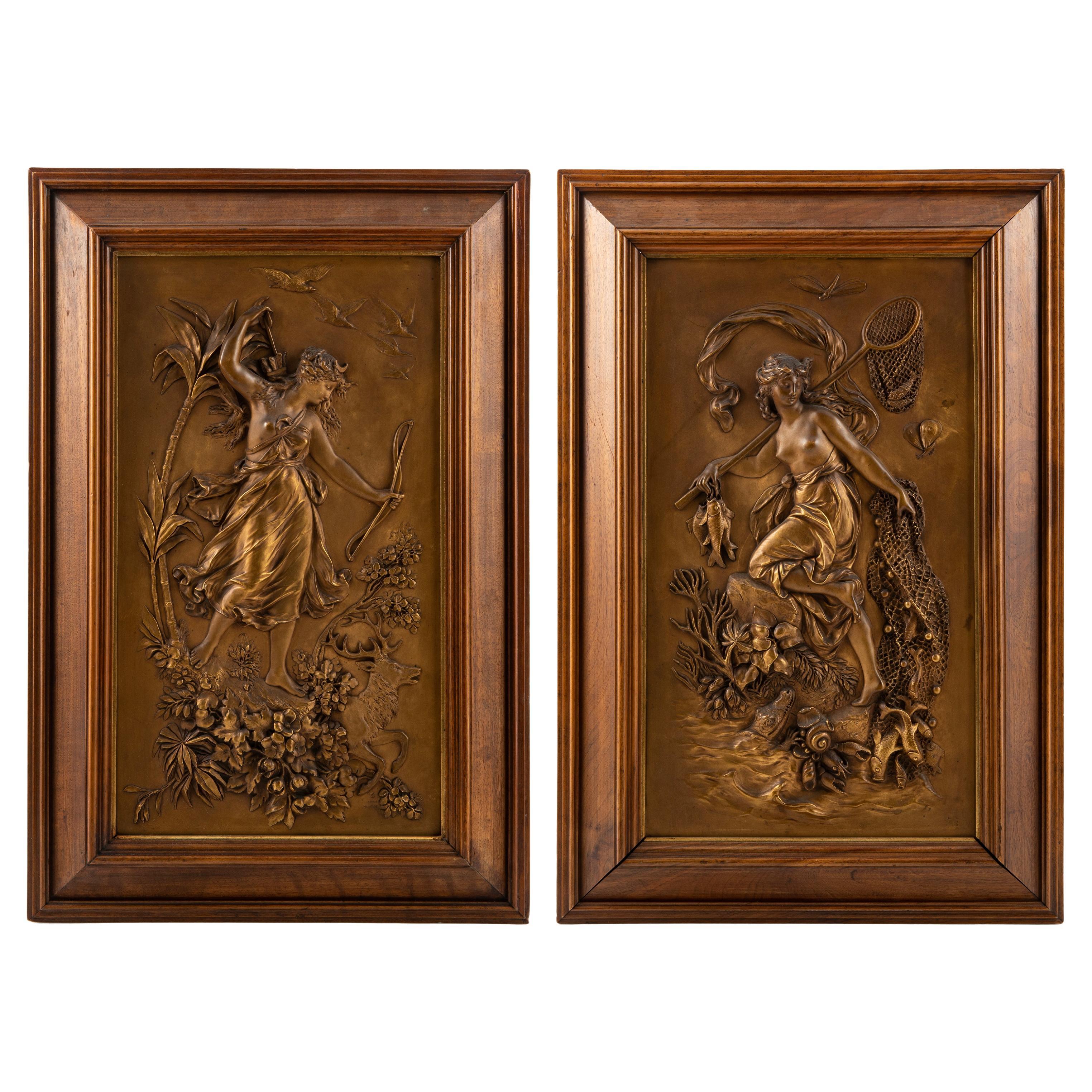 Paar Jugendstil Bronze Relief Wandtafeln