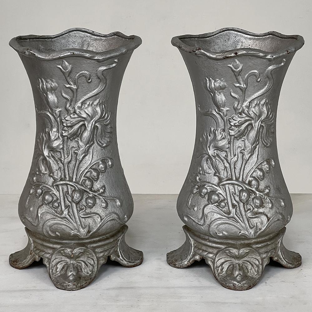 French Pair Art Nouveau Cast Iron Painted Jardinieres ~ Urns For Sale