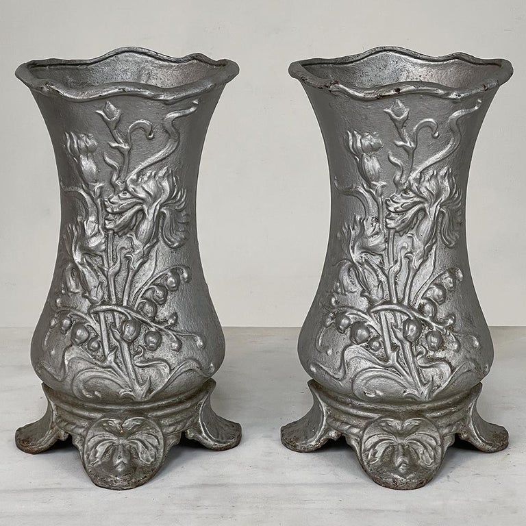 Pair Art Nouveau Cast Iron Painted Jardinieres Urns For Sale at 1stDibs