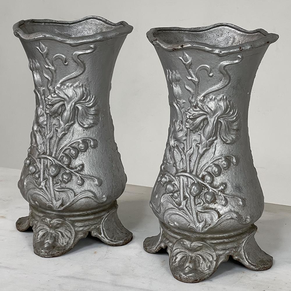 Hand-Crafted Pair Art Nouveau Cast Iron Painted Jardinieres ~ Urns For Sale