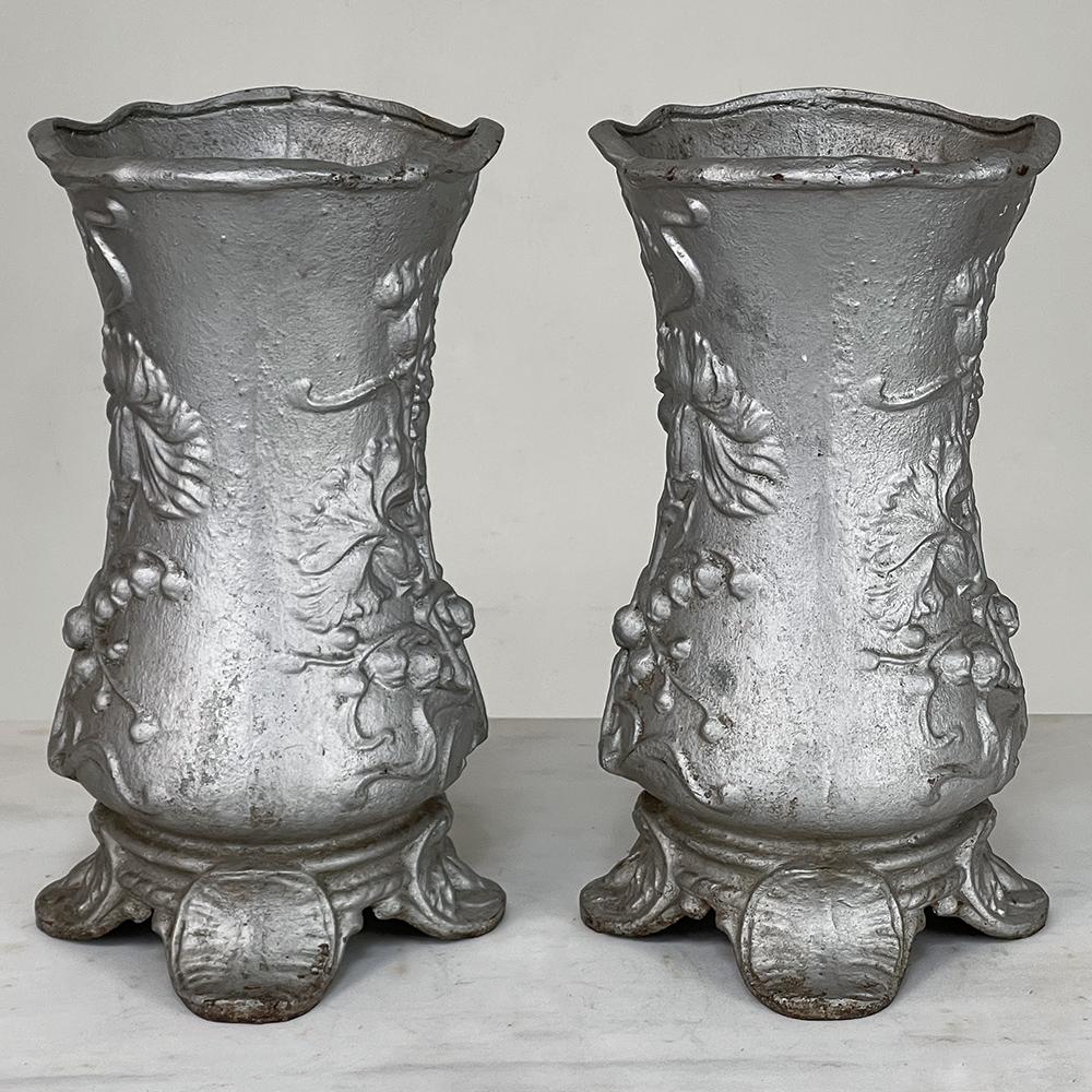 Pair Art Nouveau Cast Iron Painted Jardinieres ~ Urns In Good Condition For Sale In Dallas, TX