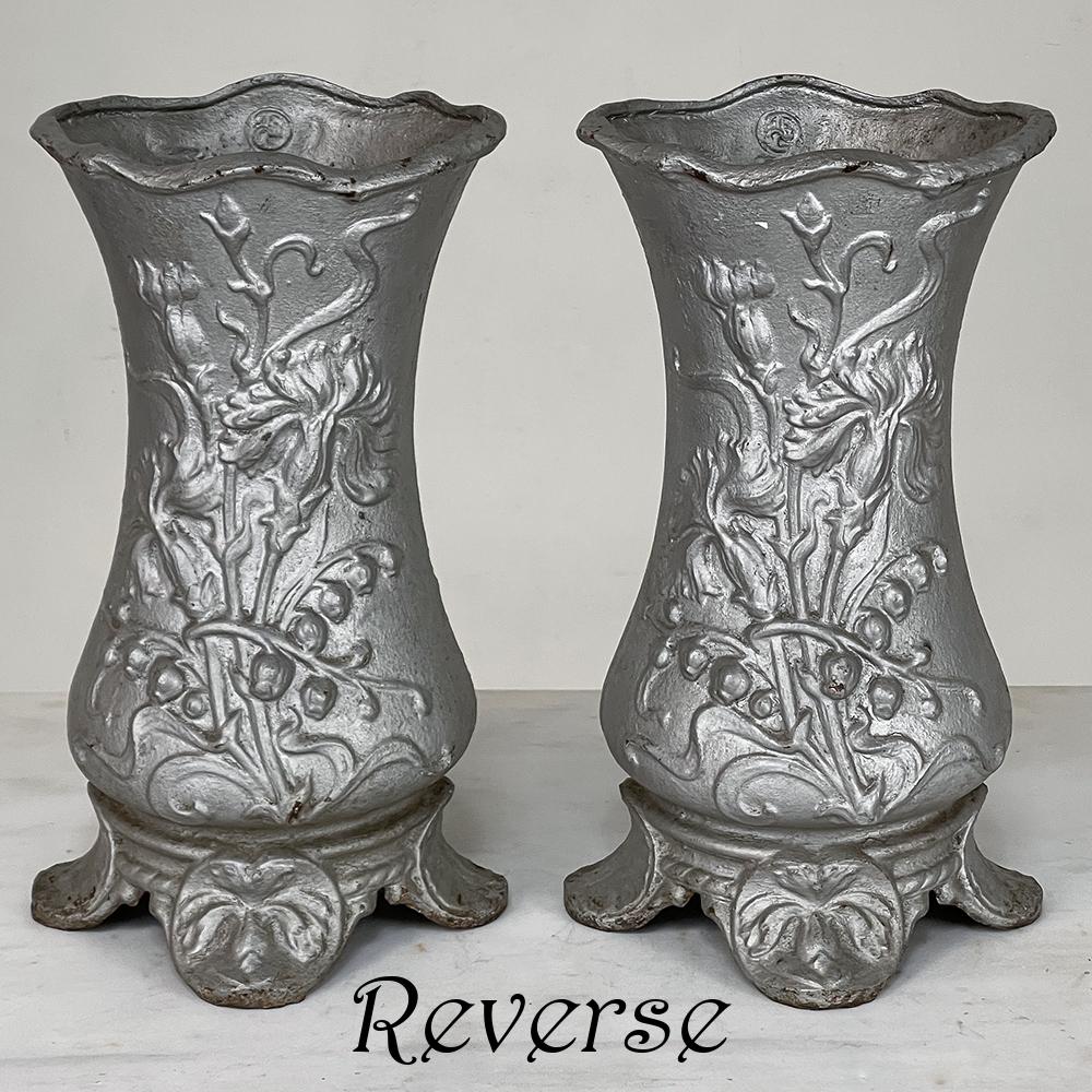 Late 19th Century Pair Art Nouveau Cast Iron Painted Jardinieres ~ Urns For Sale