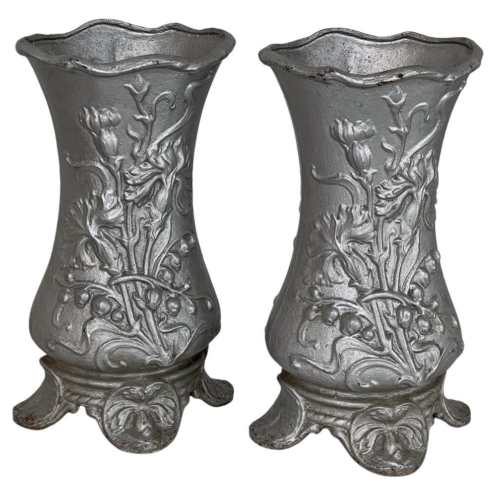 Pair Art Nouveau Cast Iron Painted Jardinieres ~ Urns For Sale
