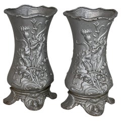 Antique Pair Art Nouveau Cast Iron Painted Jardinieres ~ Urns
