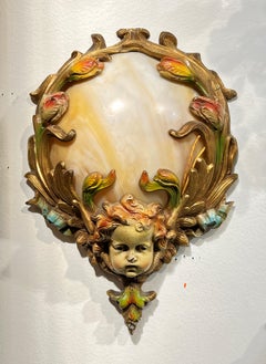 Pair Art Nouveau Cold-Painted Bronze and Glass Wall Lights