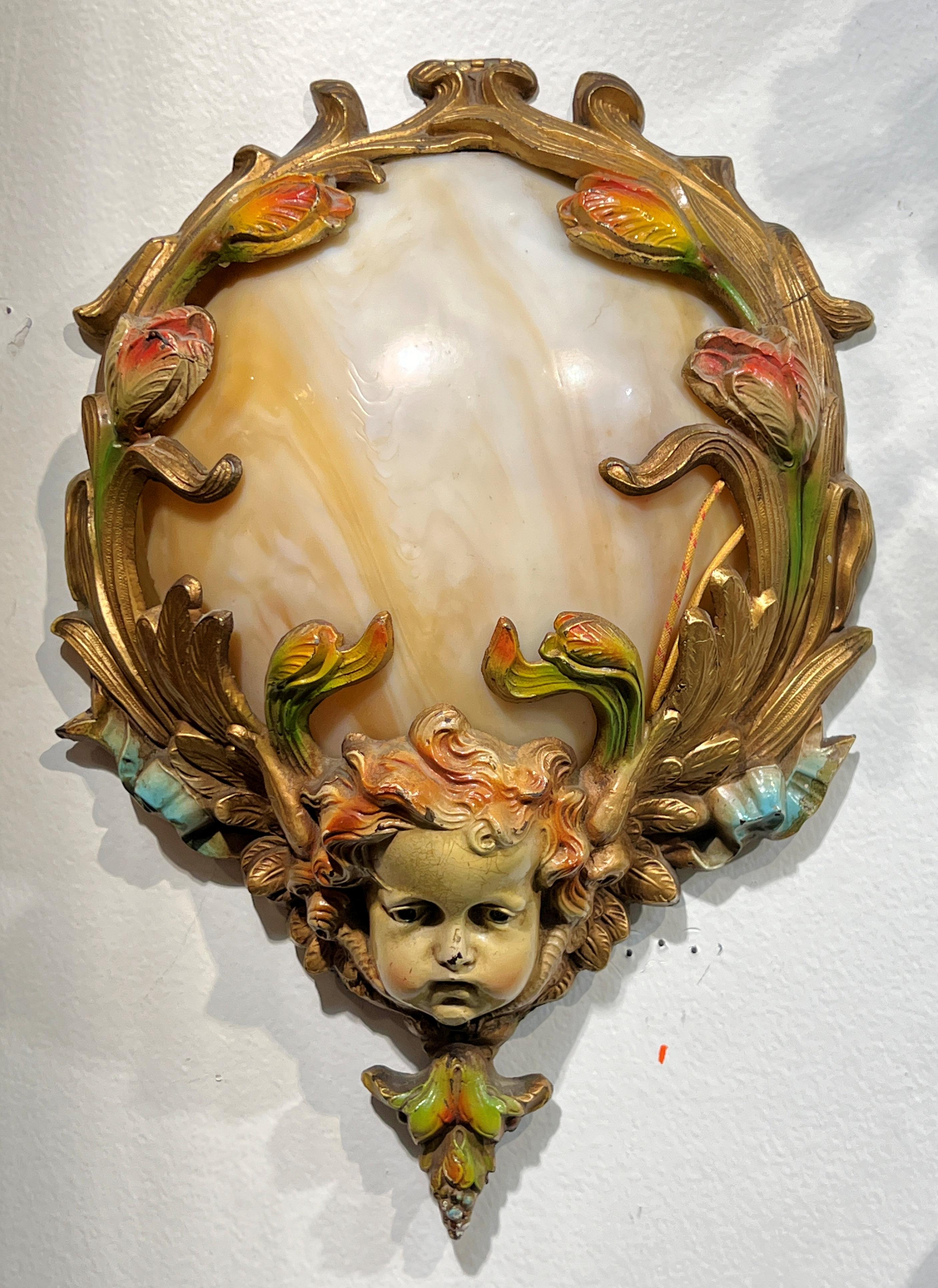 Pair Art Nouveau Cold-Painted Bronze and Glass Wall Lights In Good Condition For Sale In New York, NY