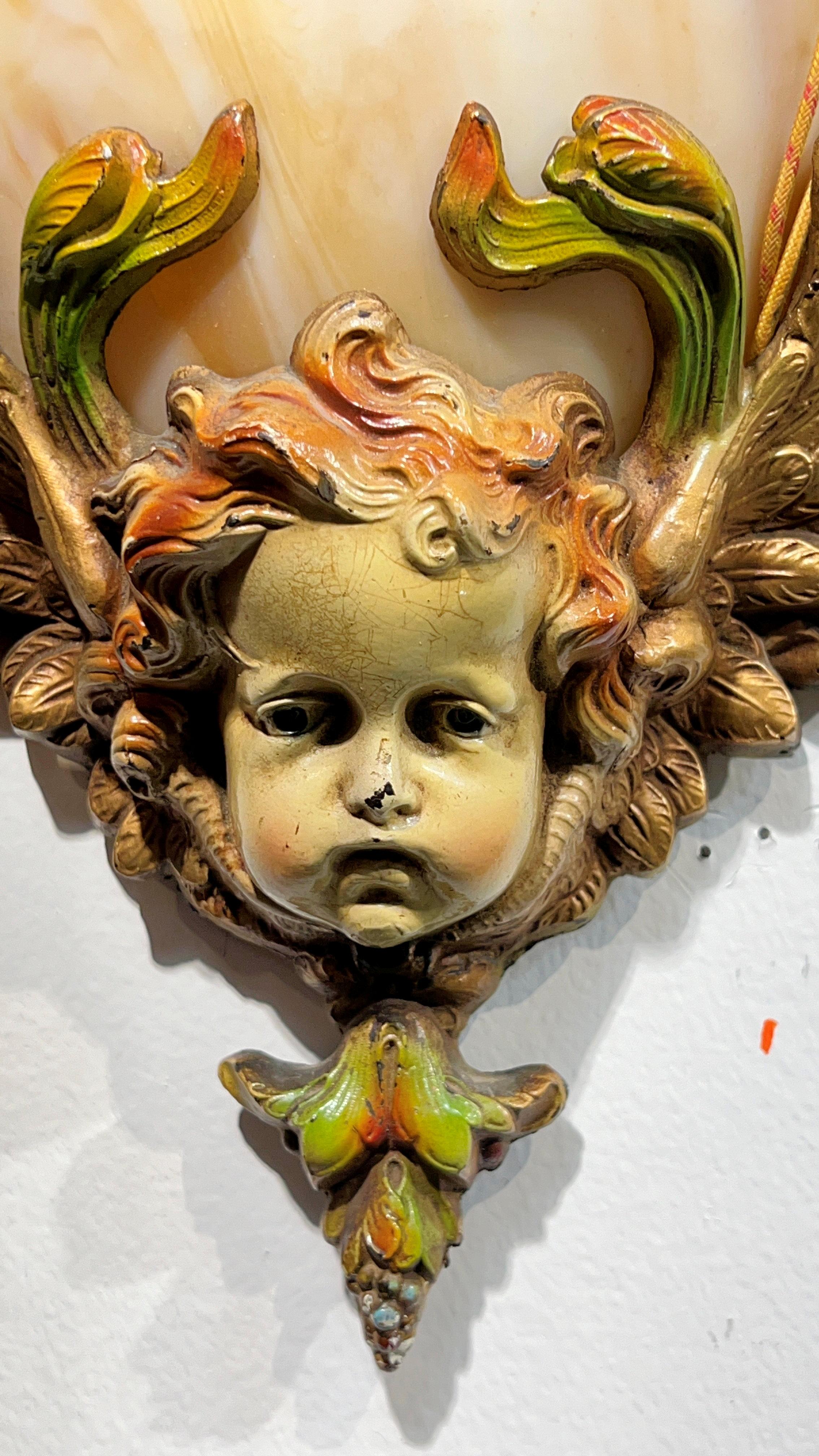 20th Century Pair Art Nouveau Cold-Painted Bronze and Glass Wall Lights For Sale