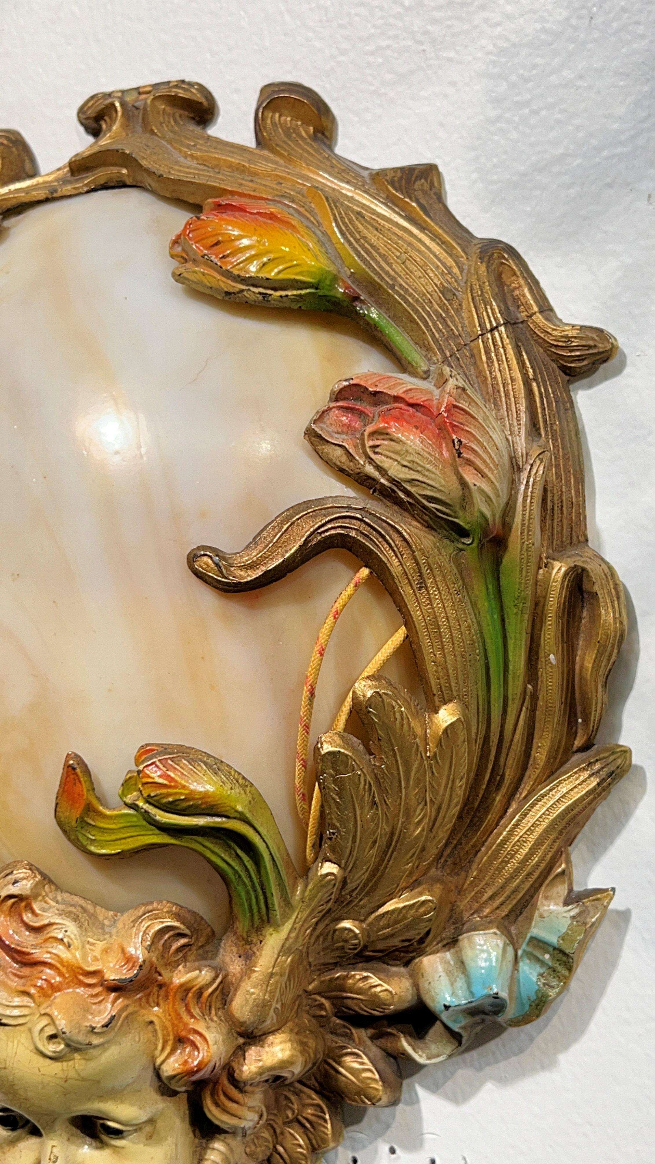 Pair Art Nouveau Cold-Painted Bronze and Glass Wall Lights For Sale 1